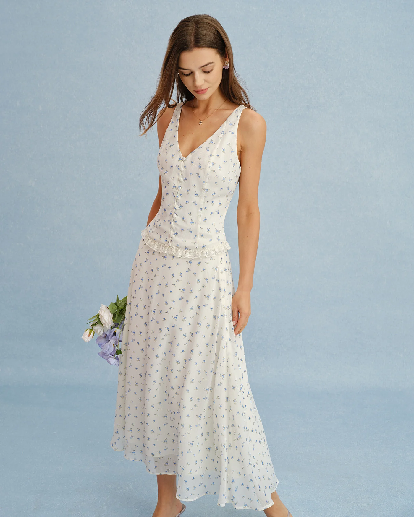 Beige Floral Chiffon Midi Skirt - Image 4