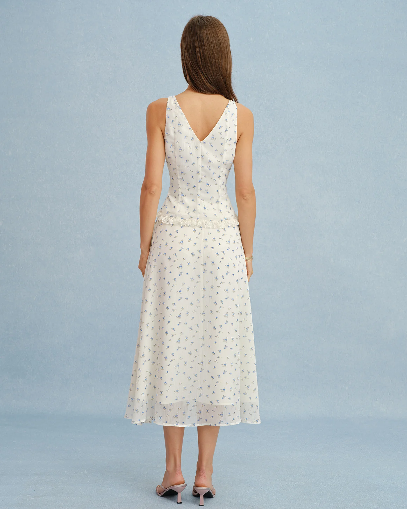 Beige Floral Chiffon Midi Skirt - Image 5