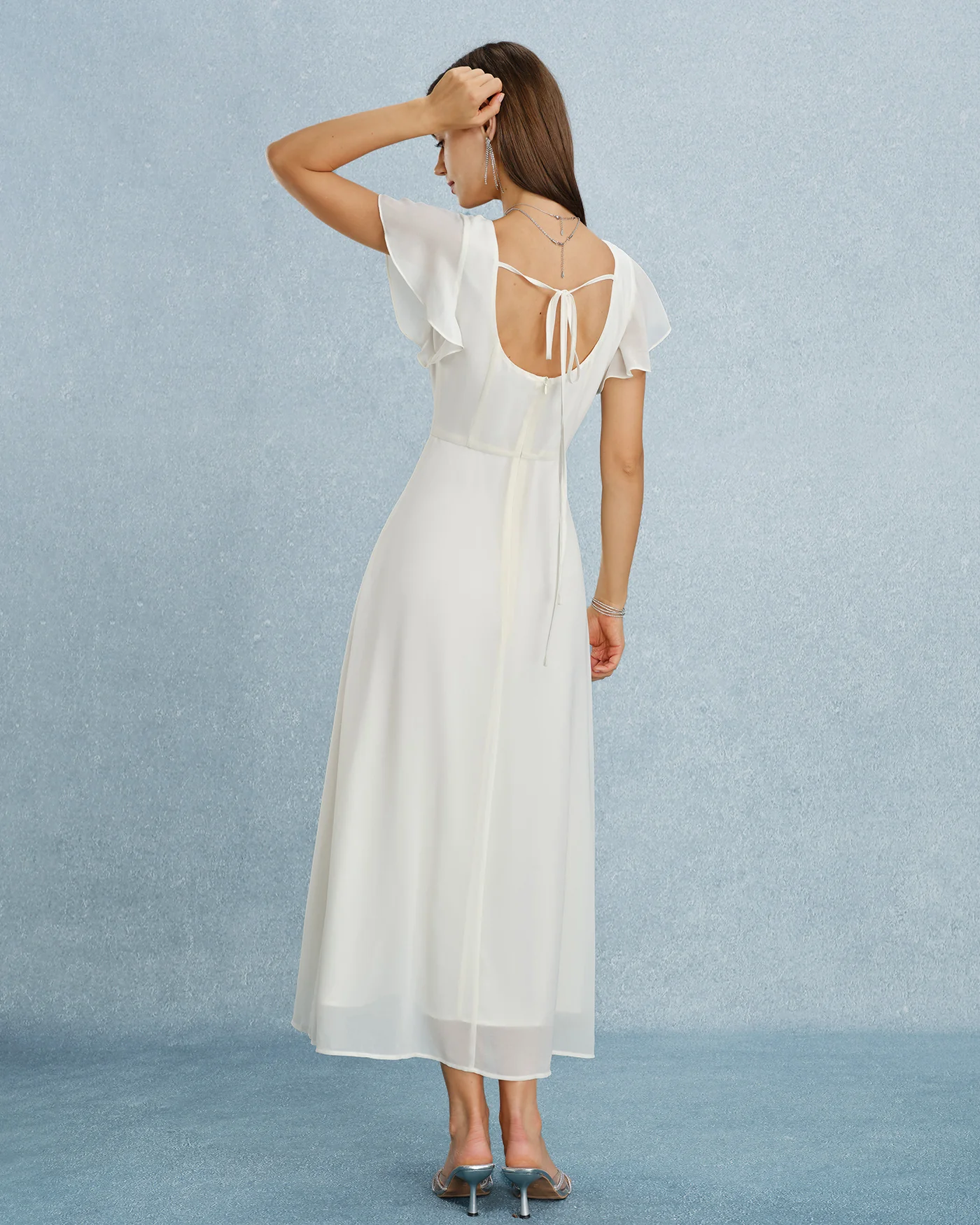 Beige Square Neck Slit Chiffon Maxi Dress - Image 10