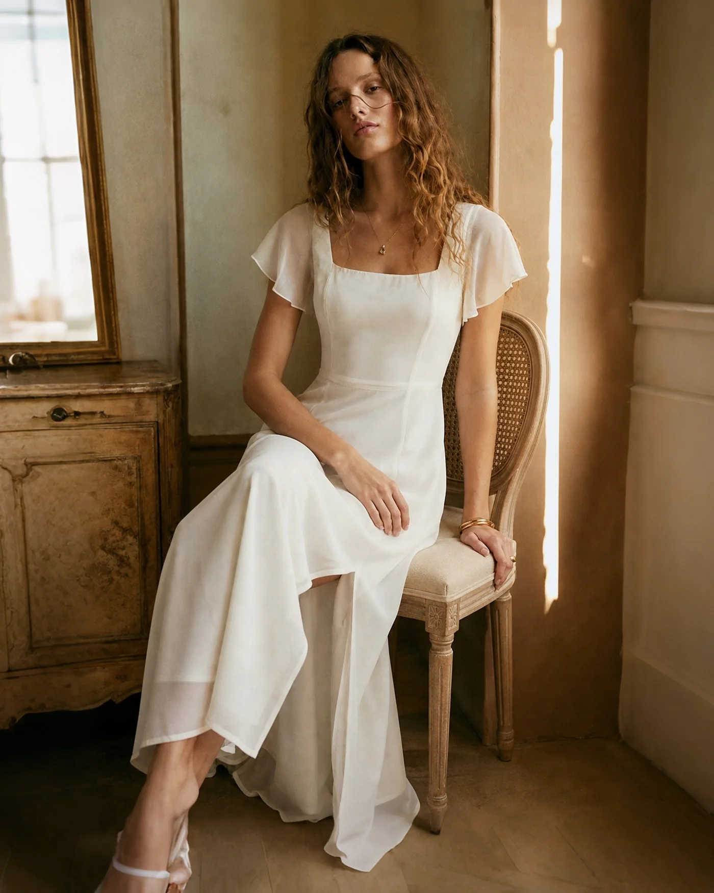 Beige Square Neck Slit Chiffon Maxi Dress - Image 3