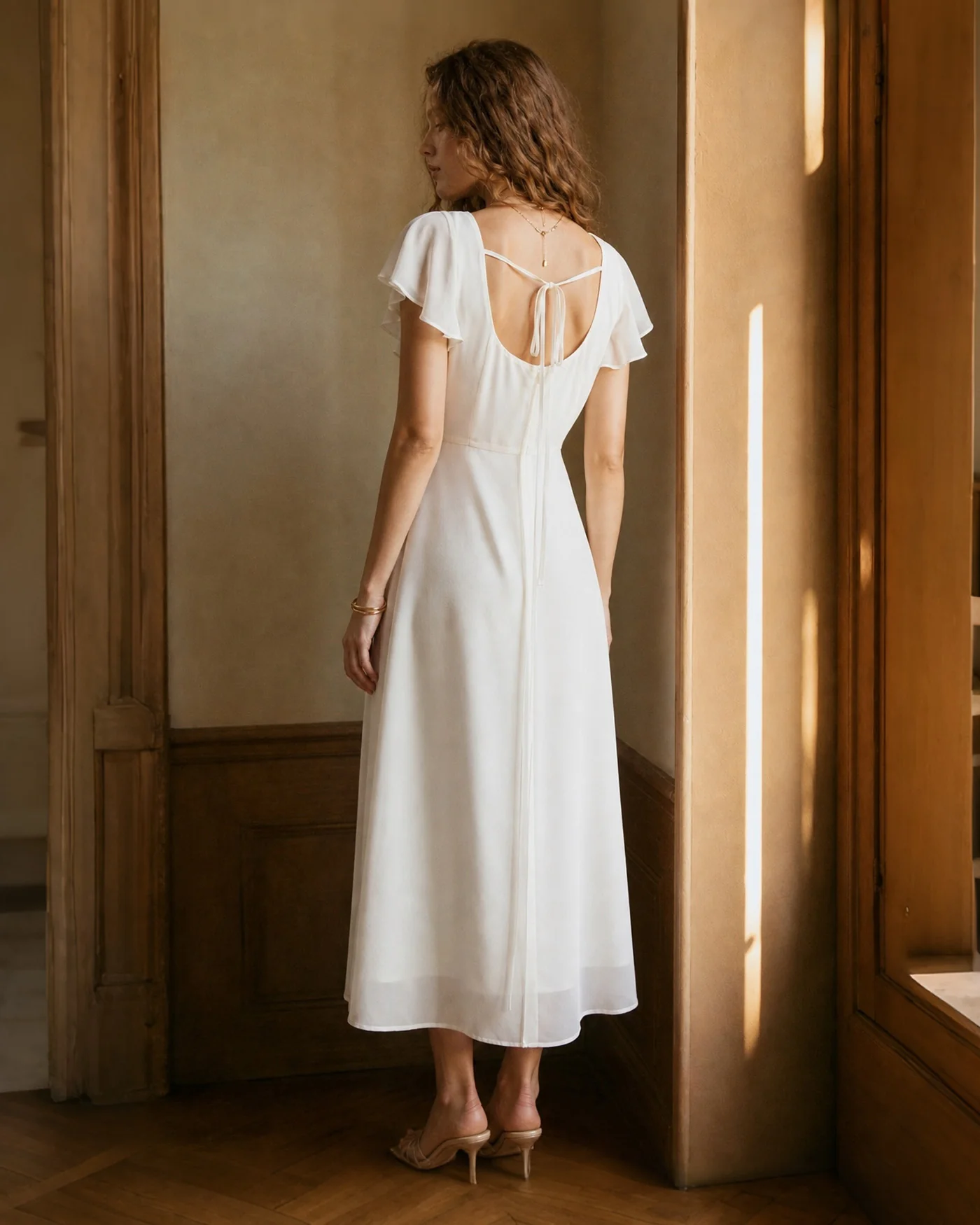 Beige Square Neck Slit Chiffon Maxi Dress - Image 4