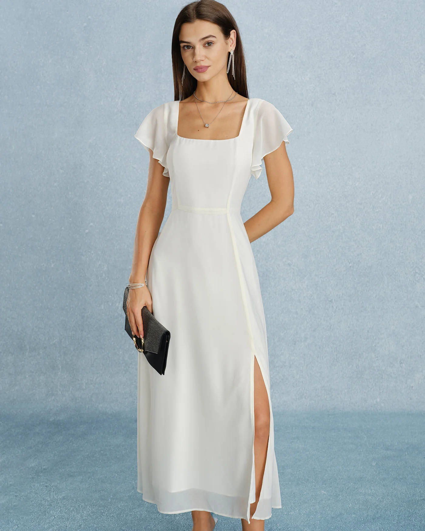Beige Square Neck Slit Chiffon Maxi Dress - Image 5