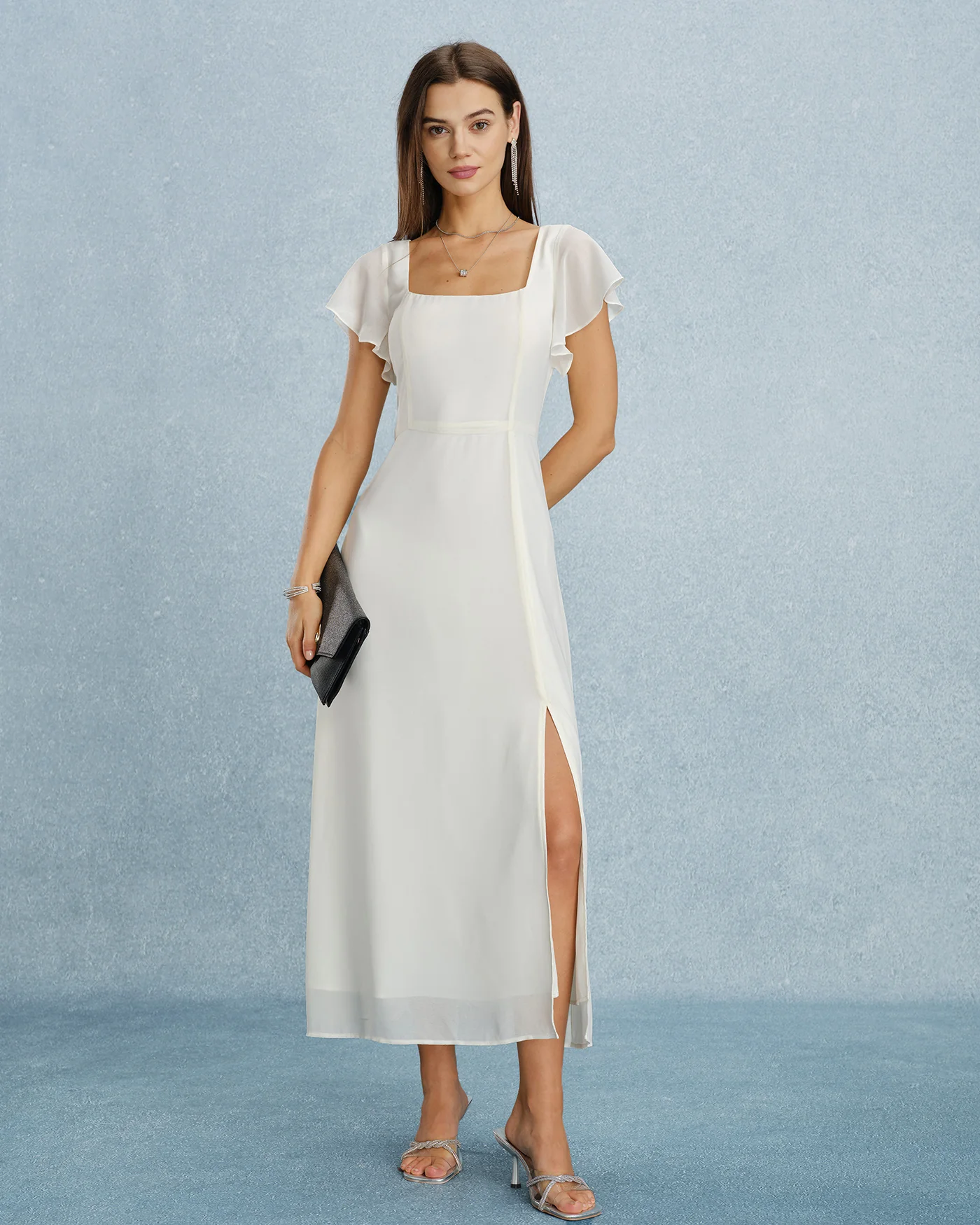 Beige Square Neck Slit Chiffon Maxi Dress - Image 7