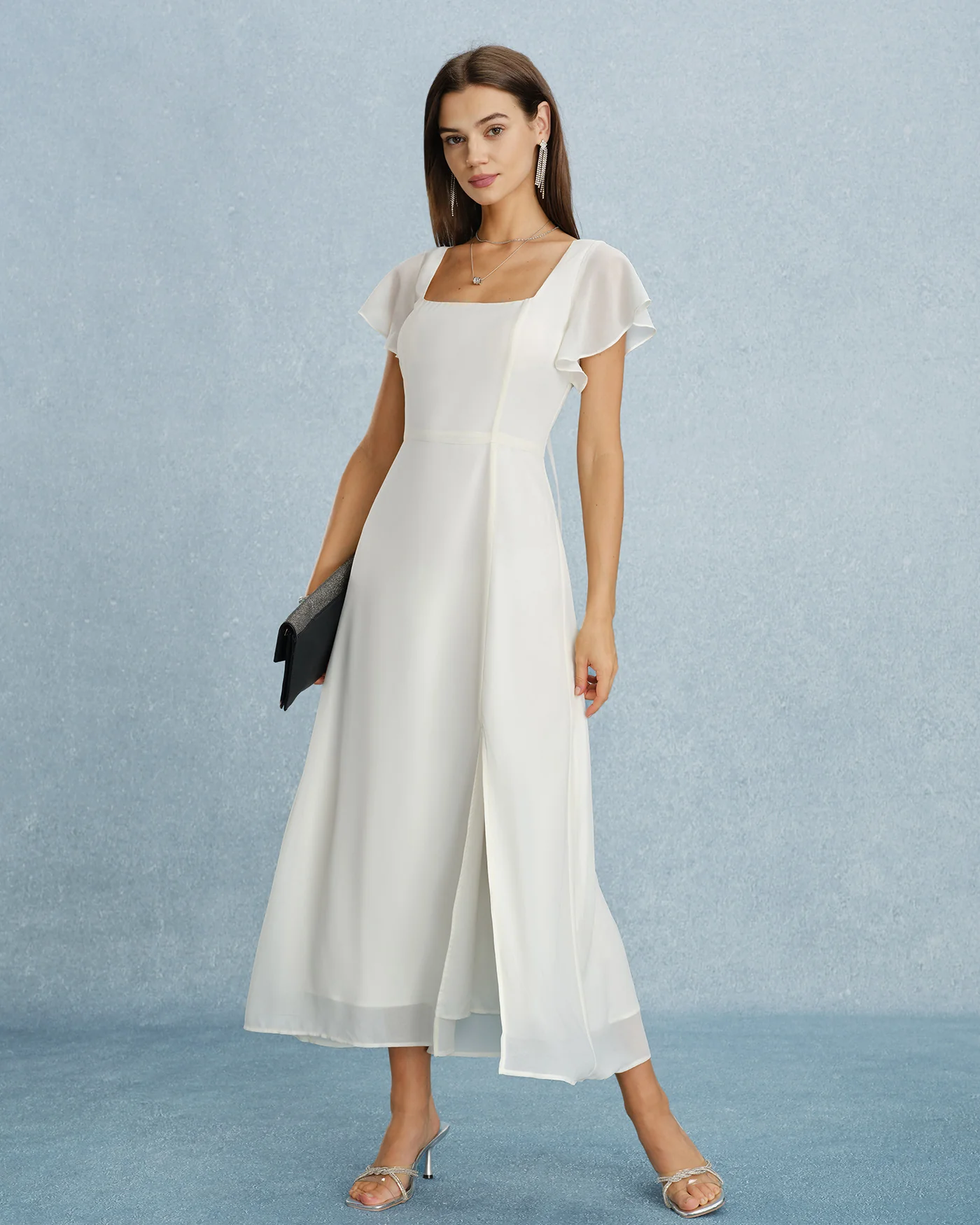 Beige Square Neck Slit Chiffon Maxi Dress - Image 8