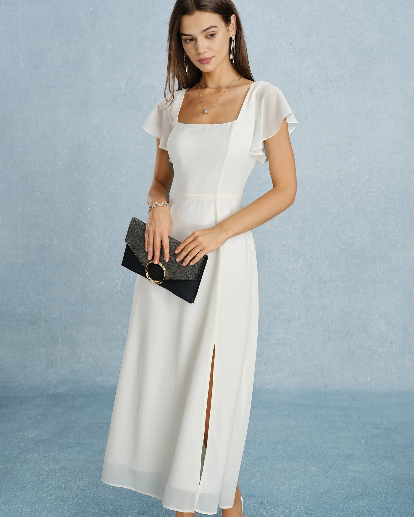 Beige Square Neck Slit Chiffon Maxi Dress - Image 9