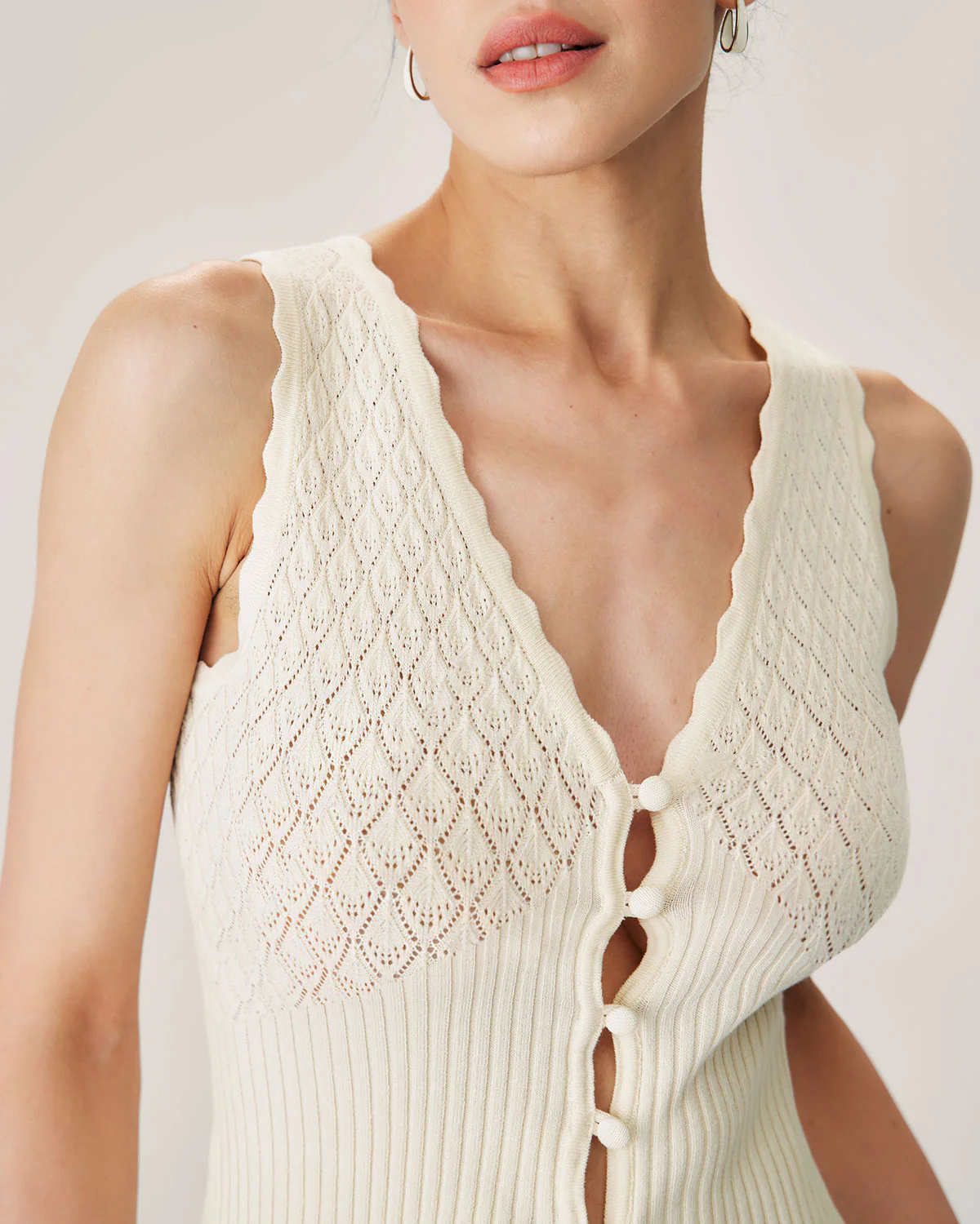 Beige V Neck Ribbed Knit Tank - Image 2