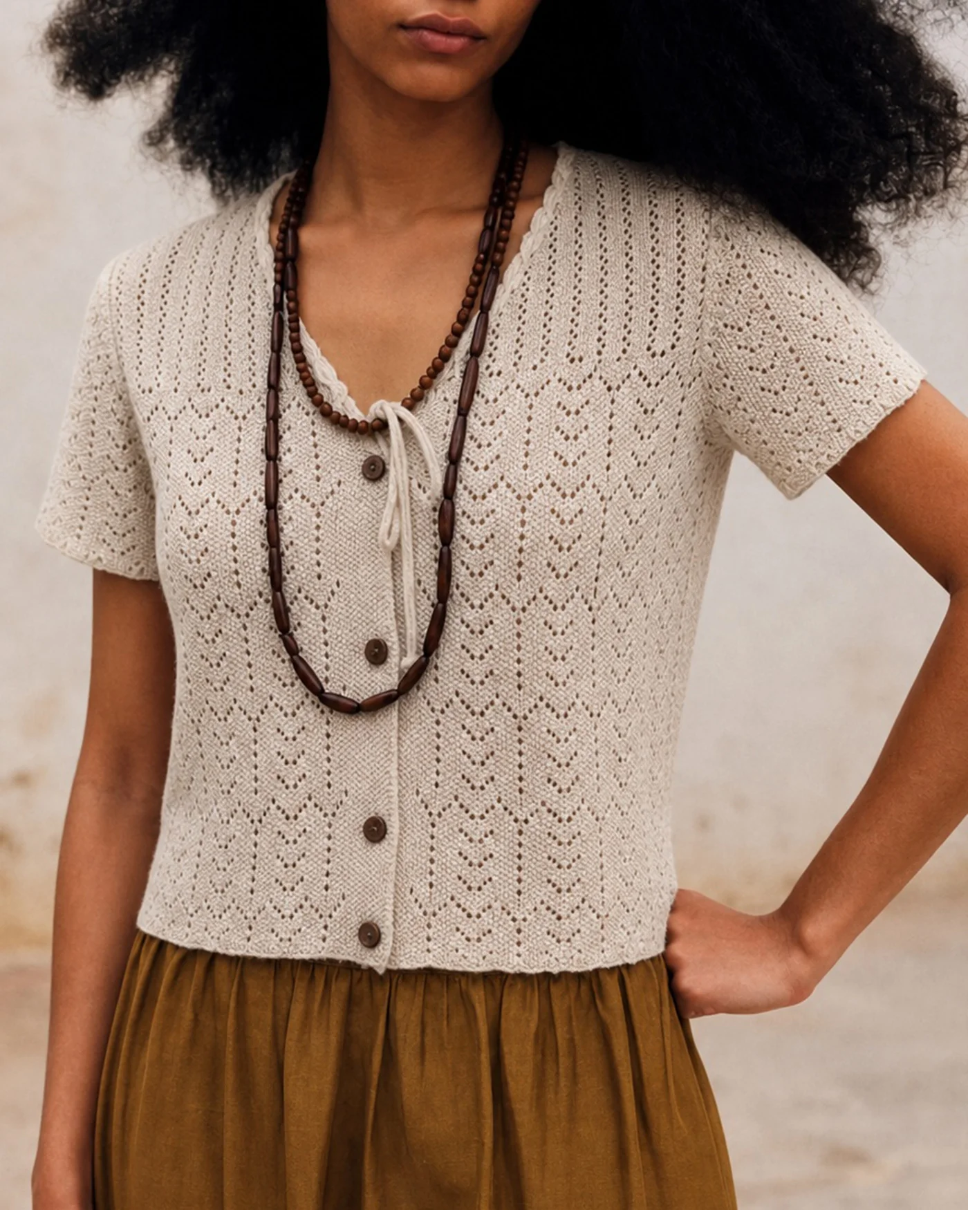 Beige V Neck Textured Button Knit Cardigan - Image 2