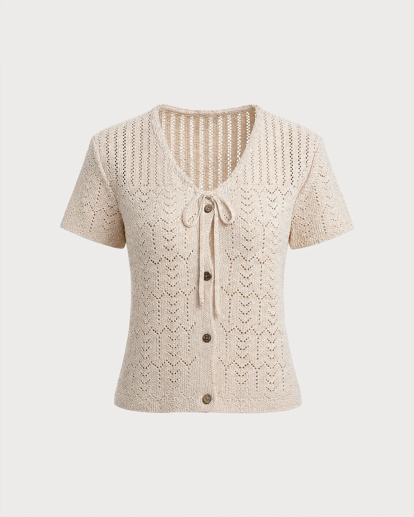 Beige V Neck Textured Button Knit Cardigan - Image 6