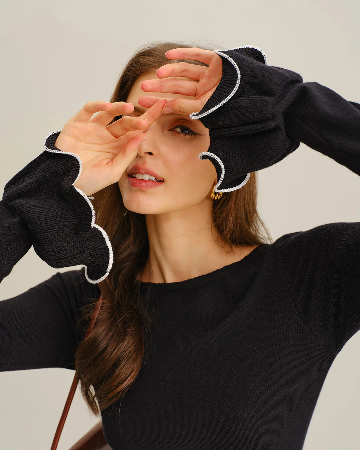 Black Contrasting Bell Sleeve Knit Sweater Dress - Image 2