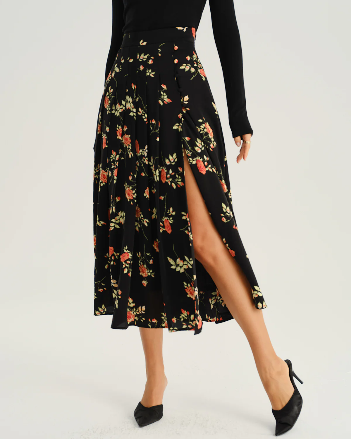 Black Floral A-Line Midi Skirt - Image 2
