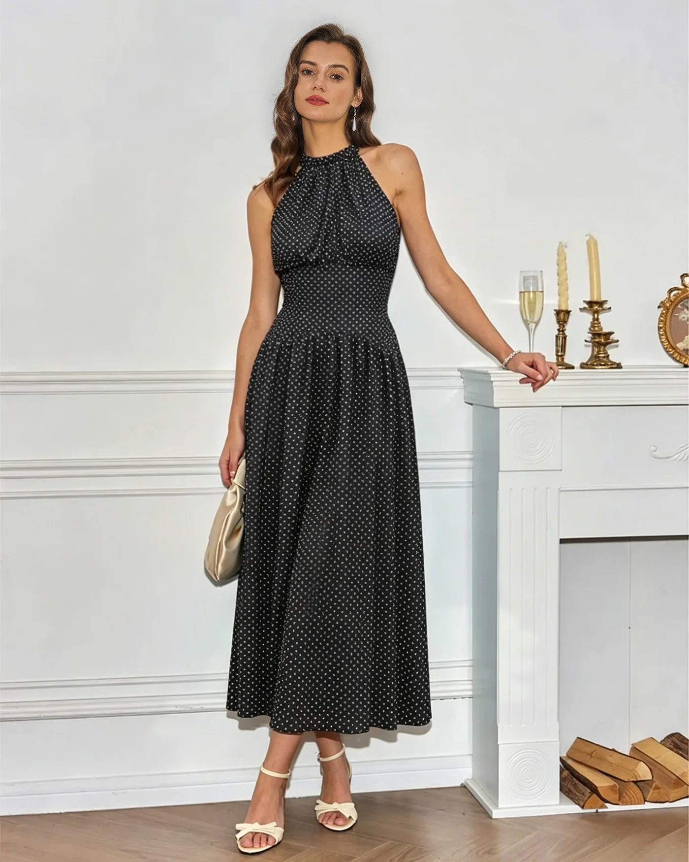 Black Halter Tie Polka Dot Maxi Dress - Image 4
