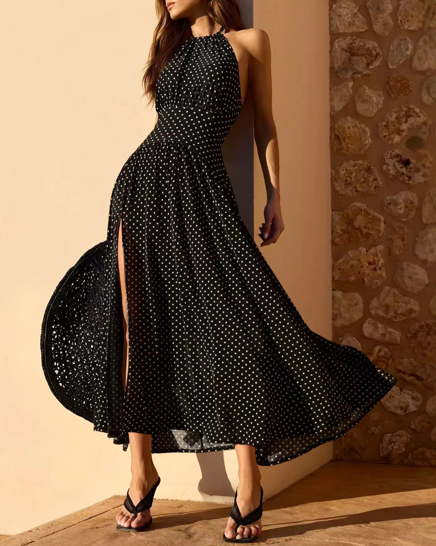Black Halter Tie Polka Dot Maxi Dress - Image 5
