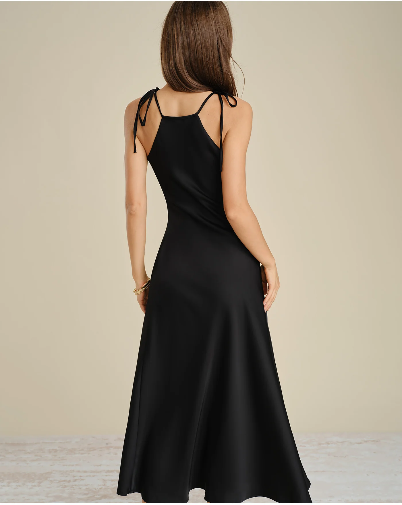 Black Halter Tie Satin Midi Dress - Image 3