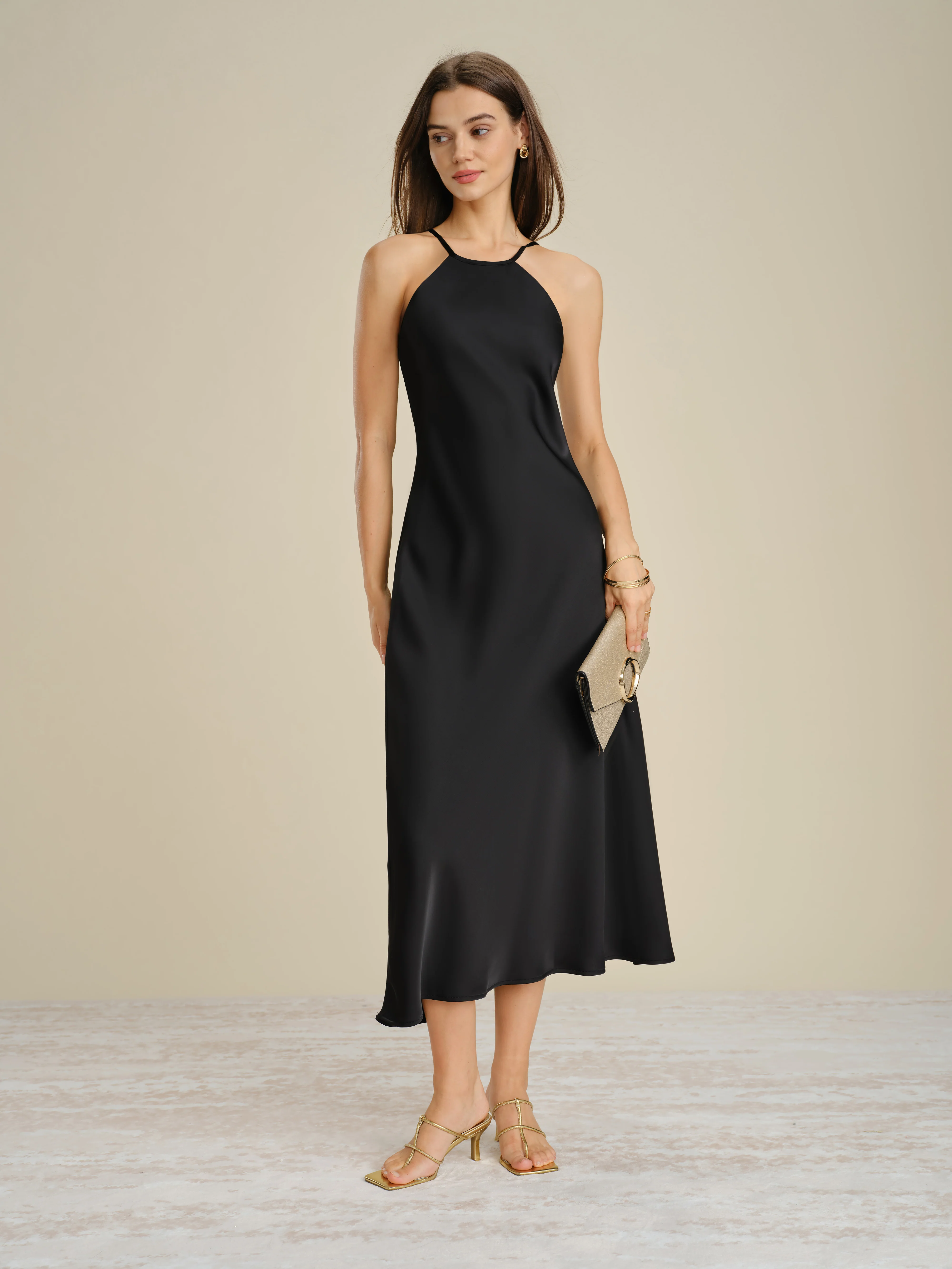 Black Halter Tie Satin Midi Dress - Image 6