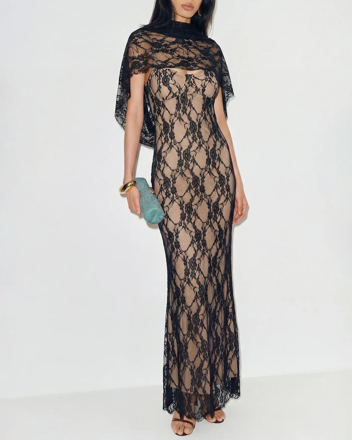 Black Lace Splicing Slip Maxi Dress