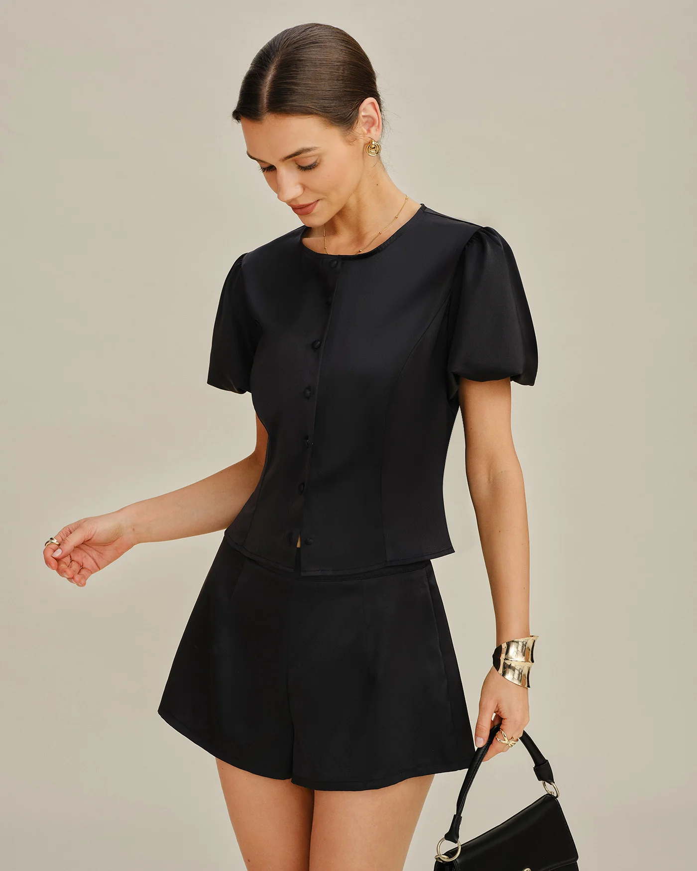 Black Natural Waisted Satin Shorts - Image 4