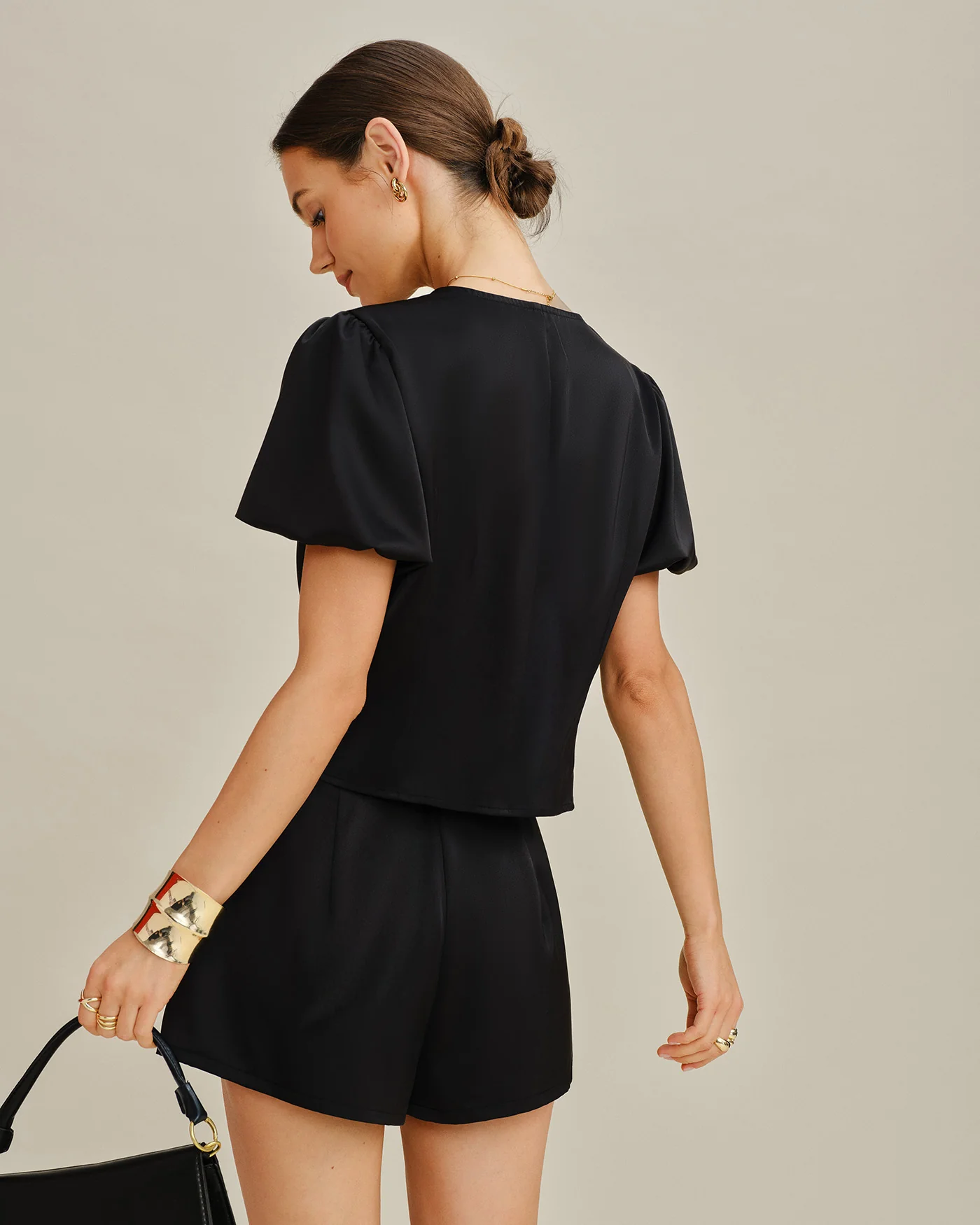 Black Natural Waisted Satin Shorts - Image 7