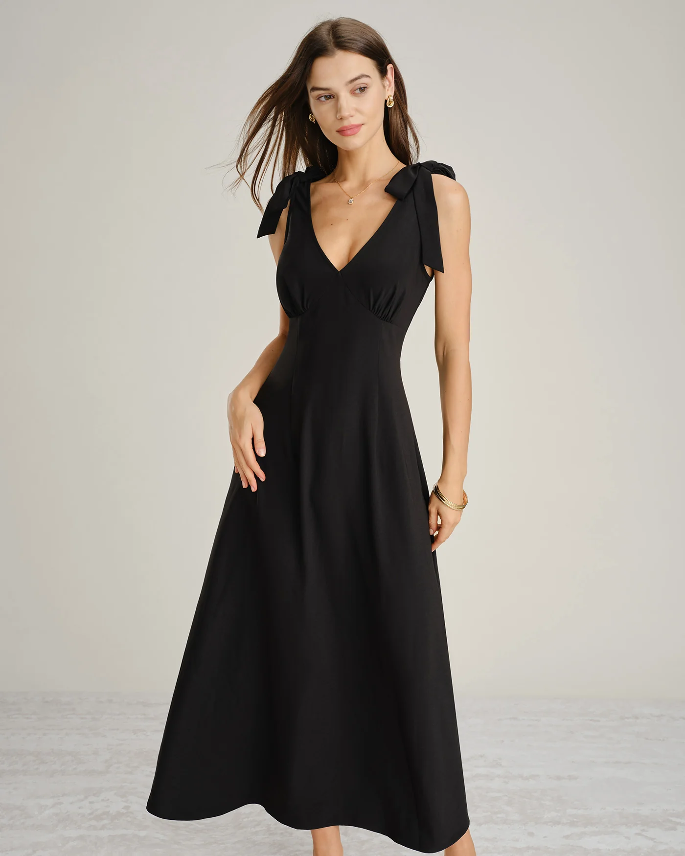 Black Solid Tie Strap A-Line Maxi Dress - Image 3