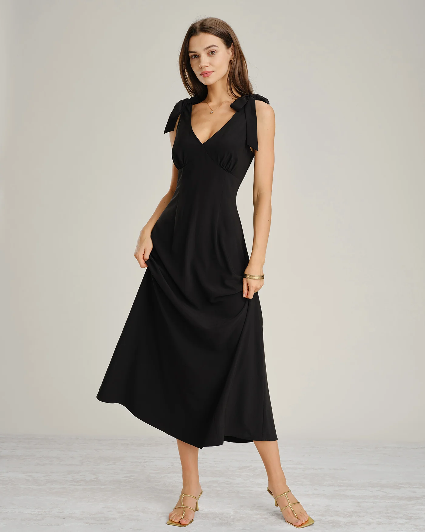 Black Solid Tie Strap A-Line Maxi Dress - Image 5
