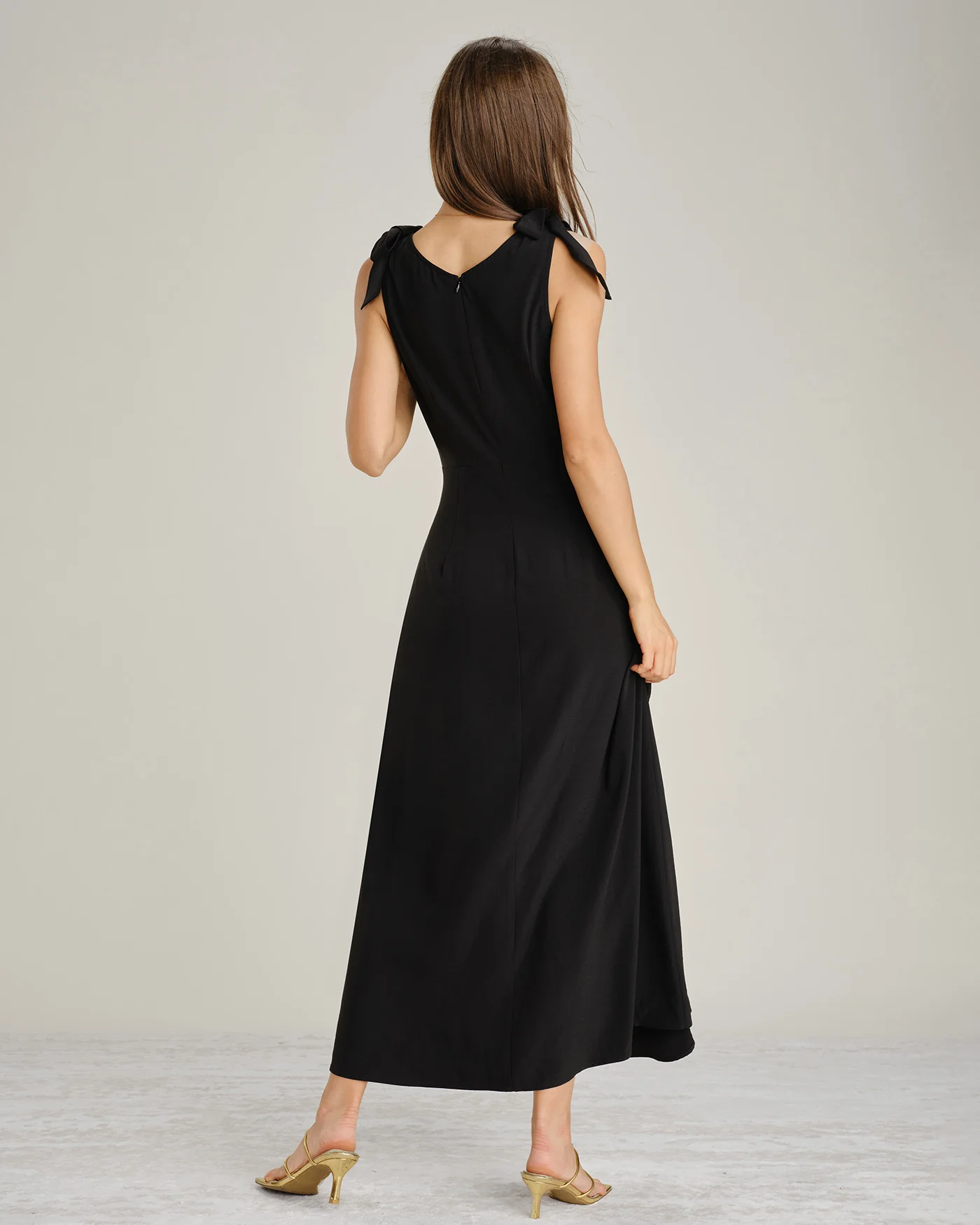Black Solid Tie Strap A-Line Maxi Dress - Image 7