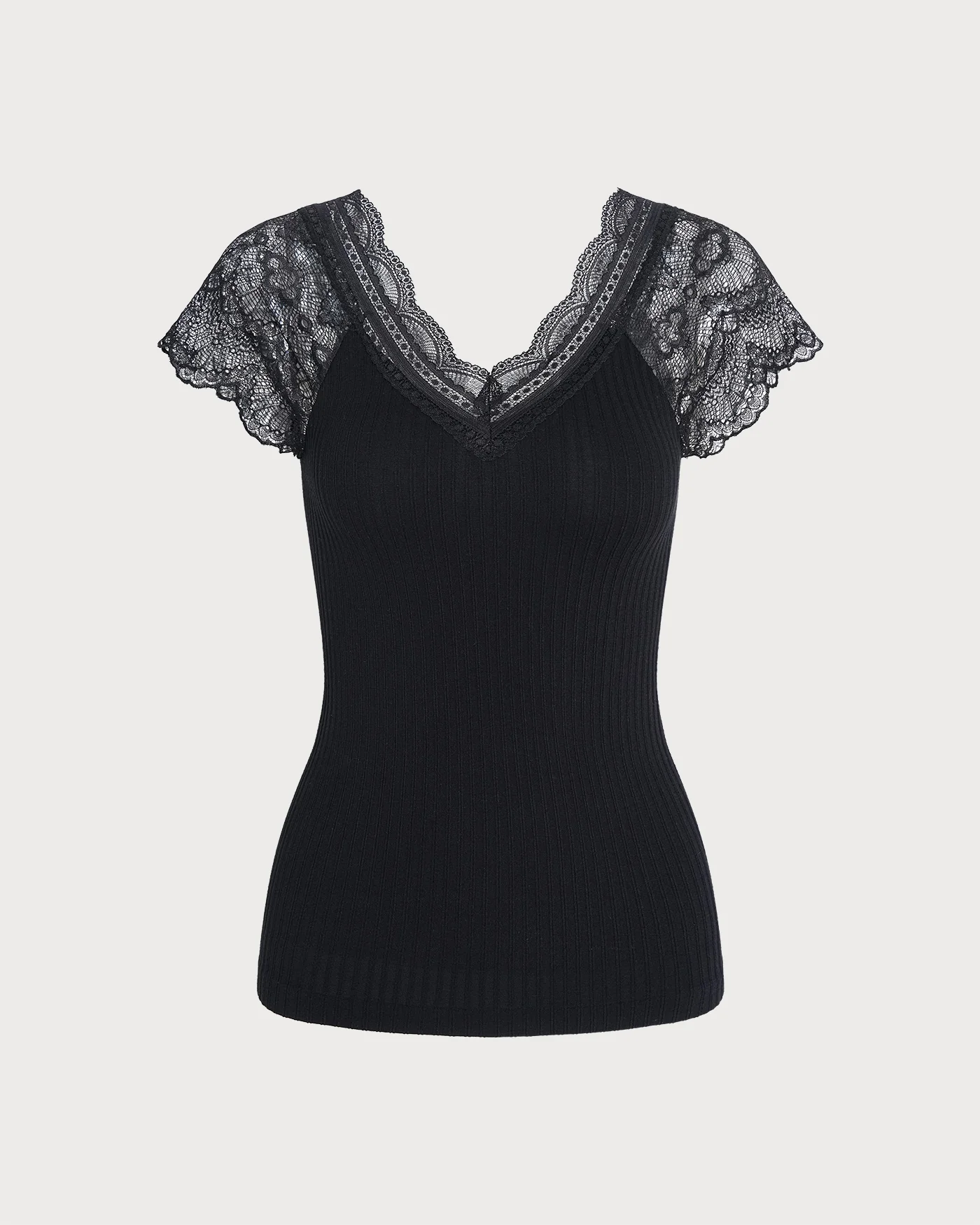 Black Solid V Neck Lace Splicing Tee - Image 5