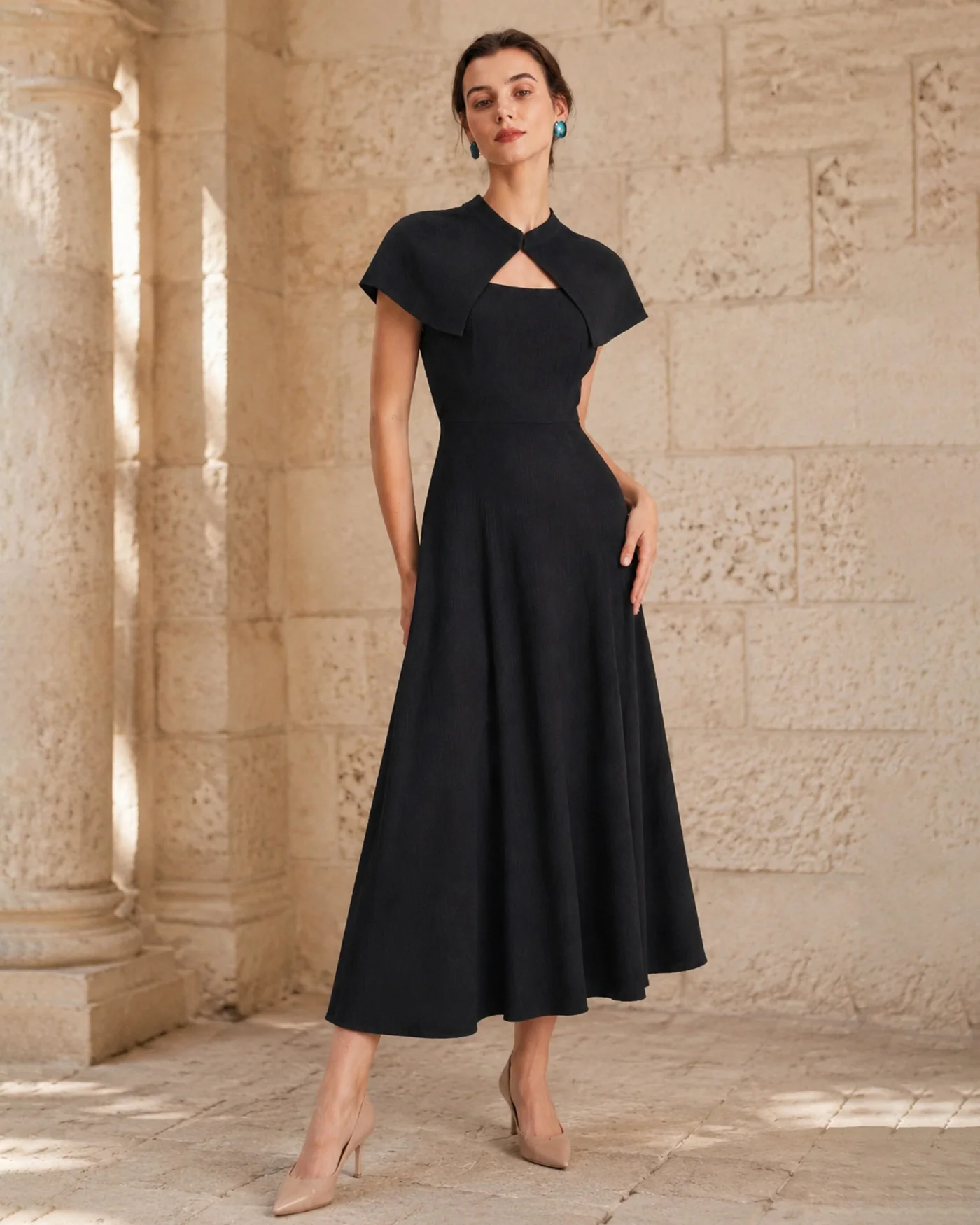 Black Square Neck Sleeveless Button Midi Dress - Image 2