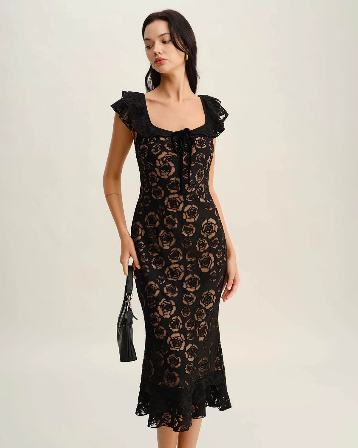 Black Textured Ruffle Mermaid Midi Dress - Image 2