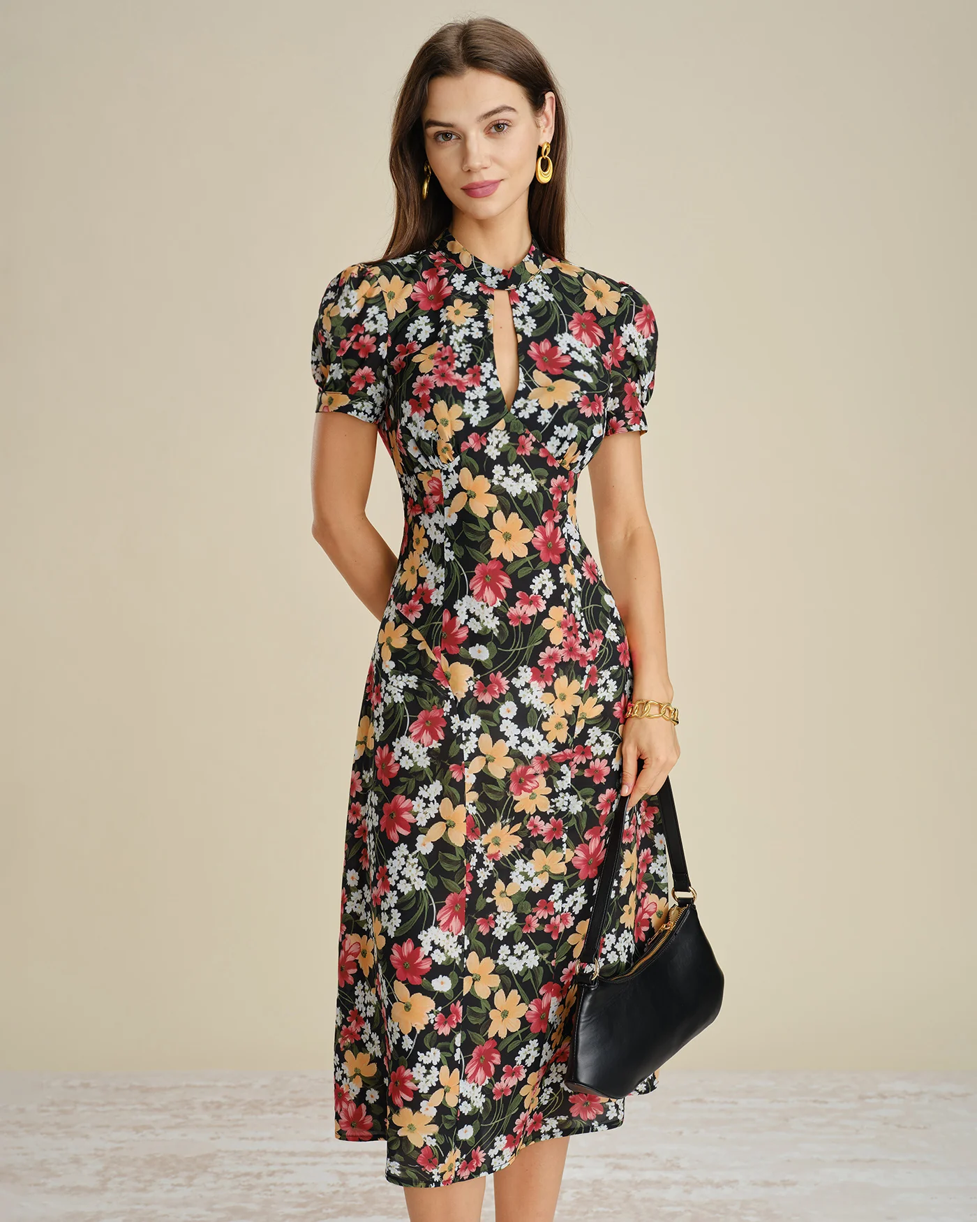 Black Turtle Puffed Sleeve Floral Midi Dress