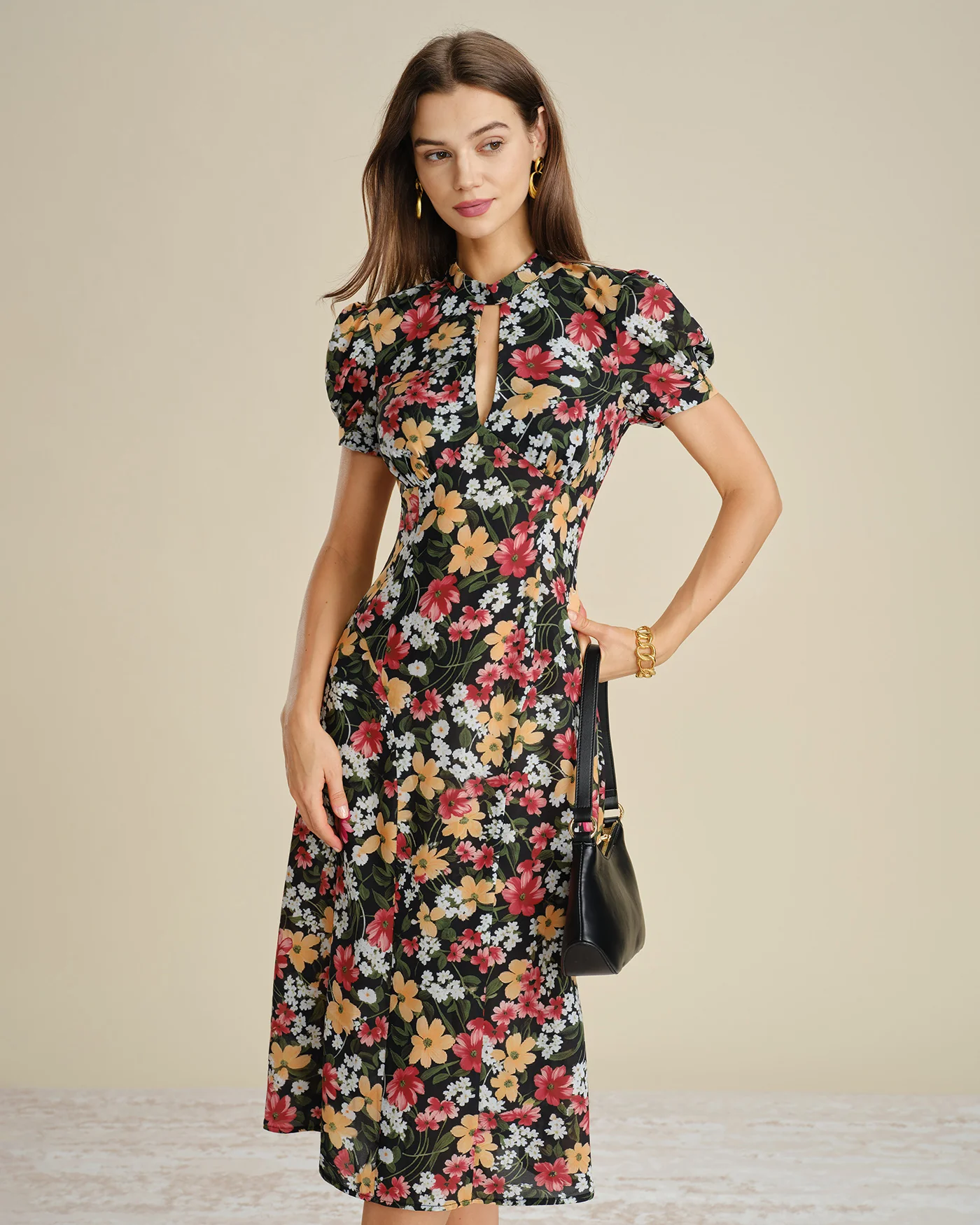 Black Turtle Puffed Sleeve Floral Midi Dress - Image 3