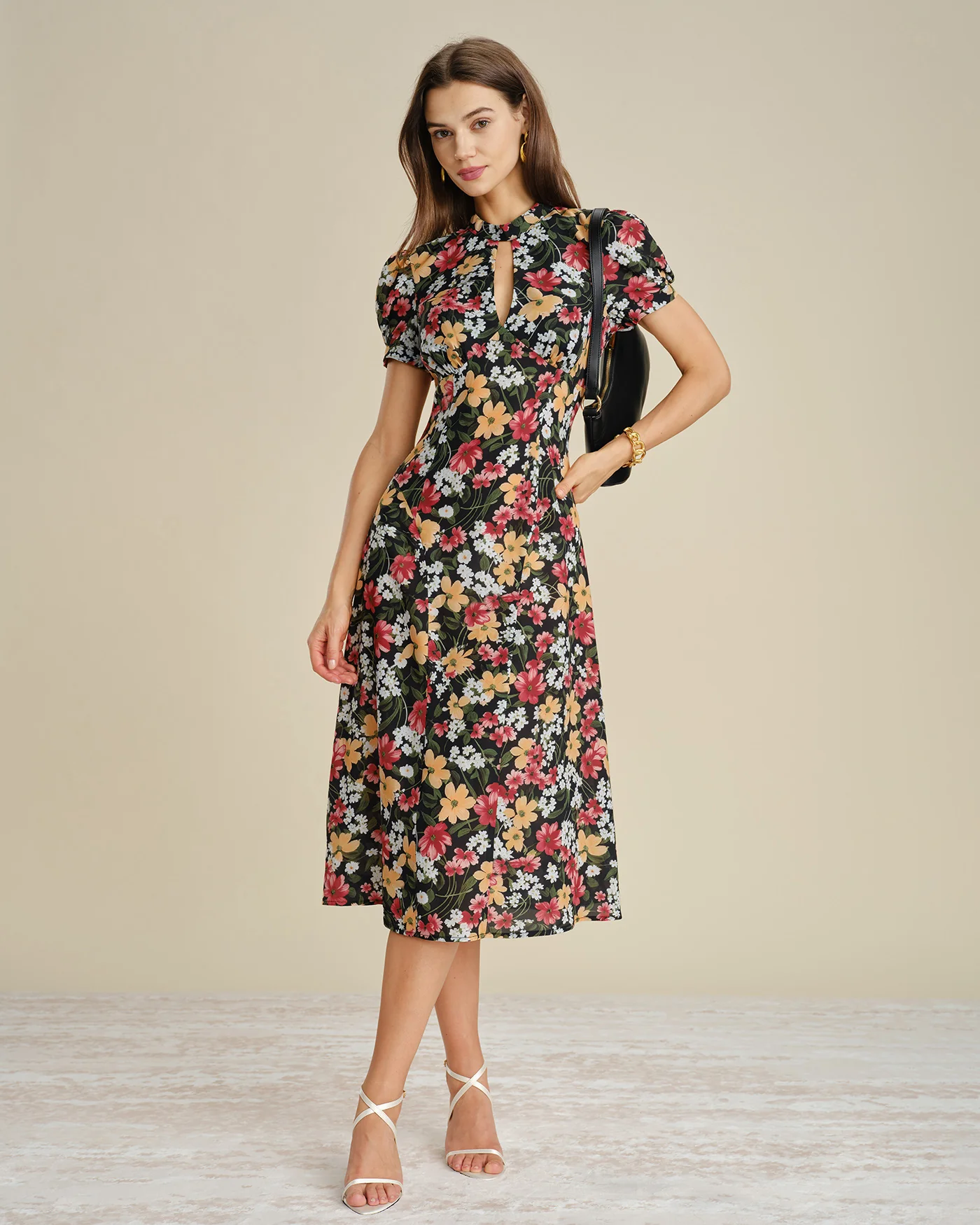 Black Turtle Puffed Sleeve Floral Midi Dress - Image 4