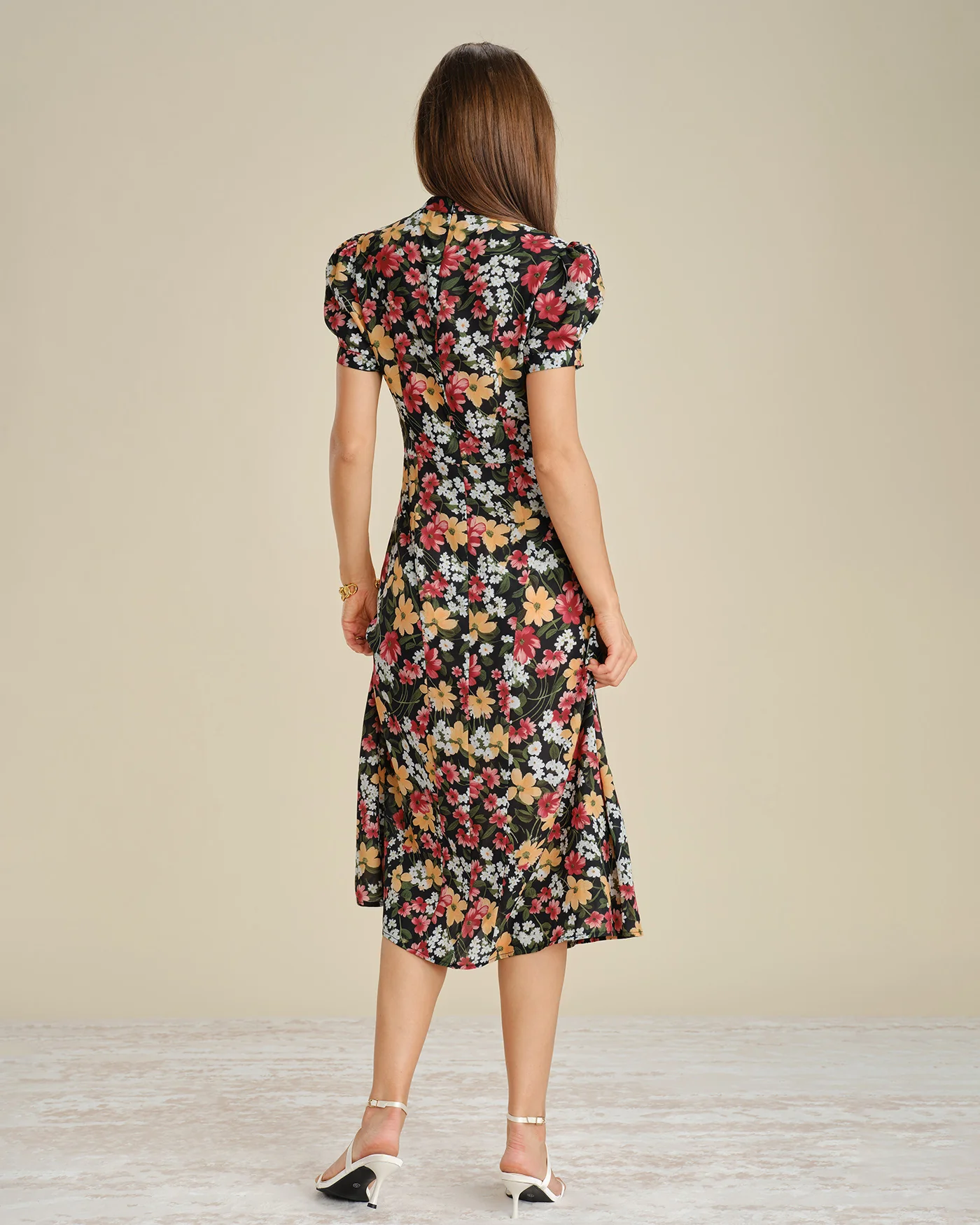 Black Turtle Puffed Sleeve Floral Midi Dress - Image 5