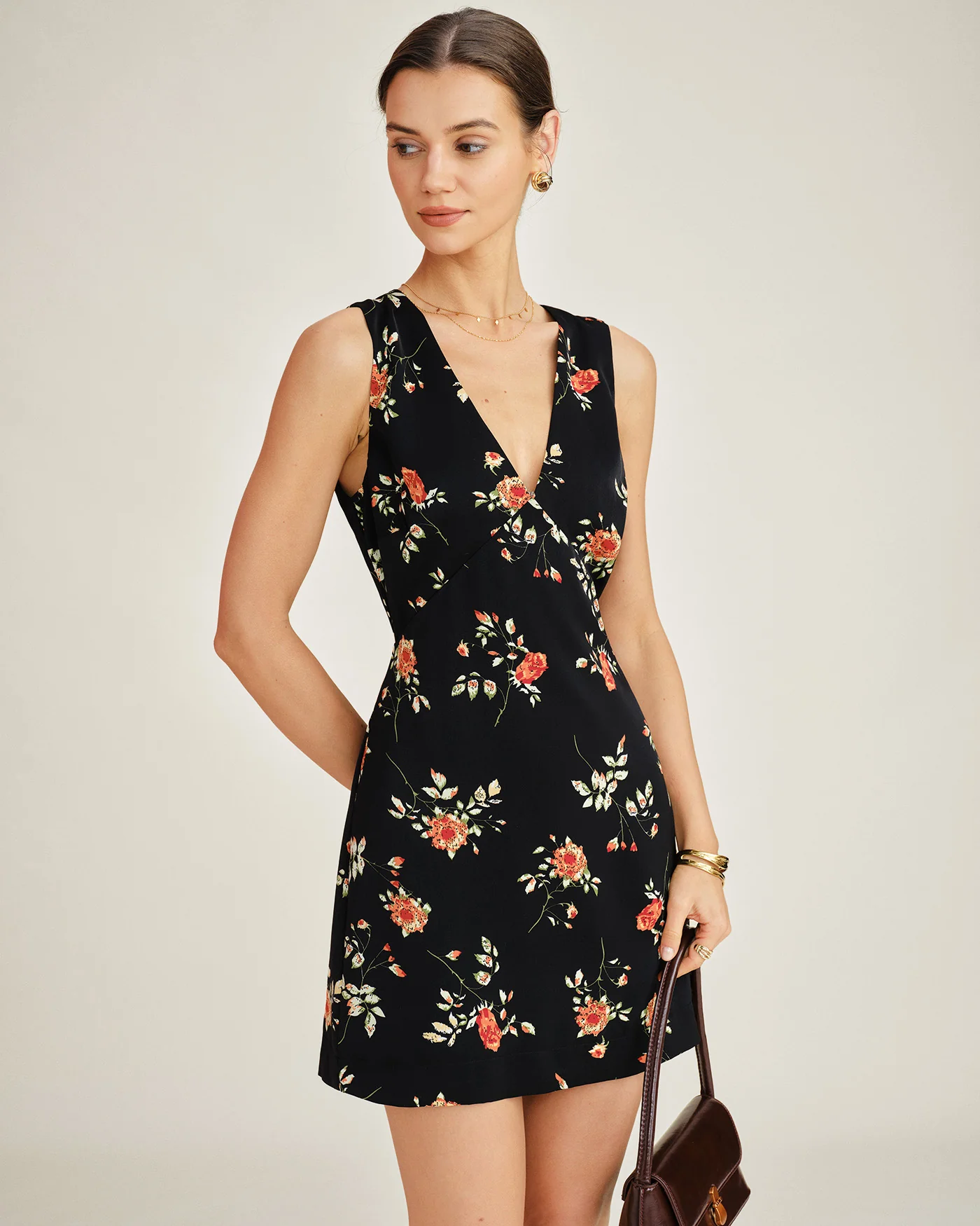 Black V Neck Floral A-Line Mini Dress - Image 3