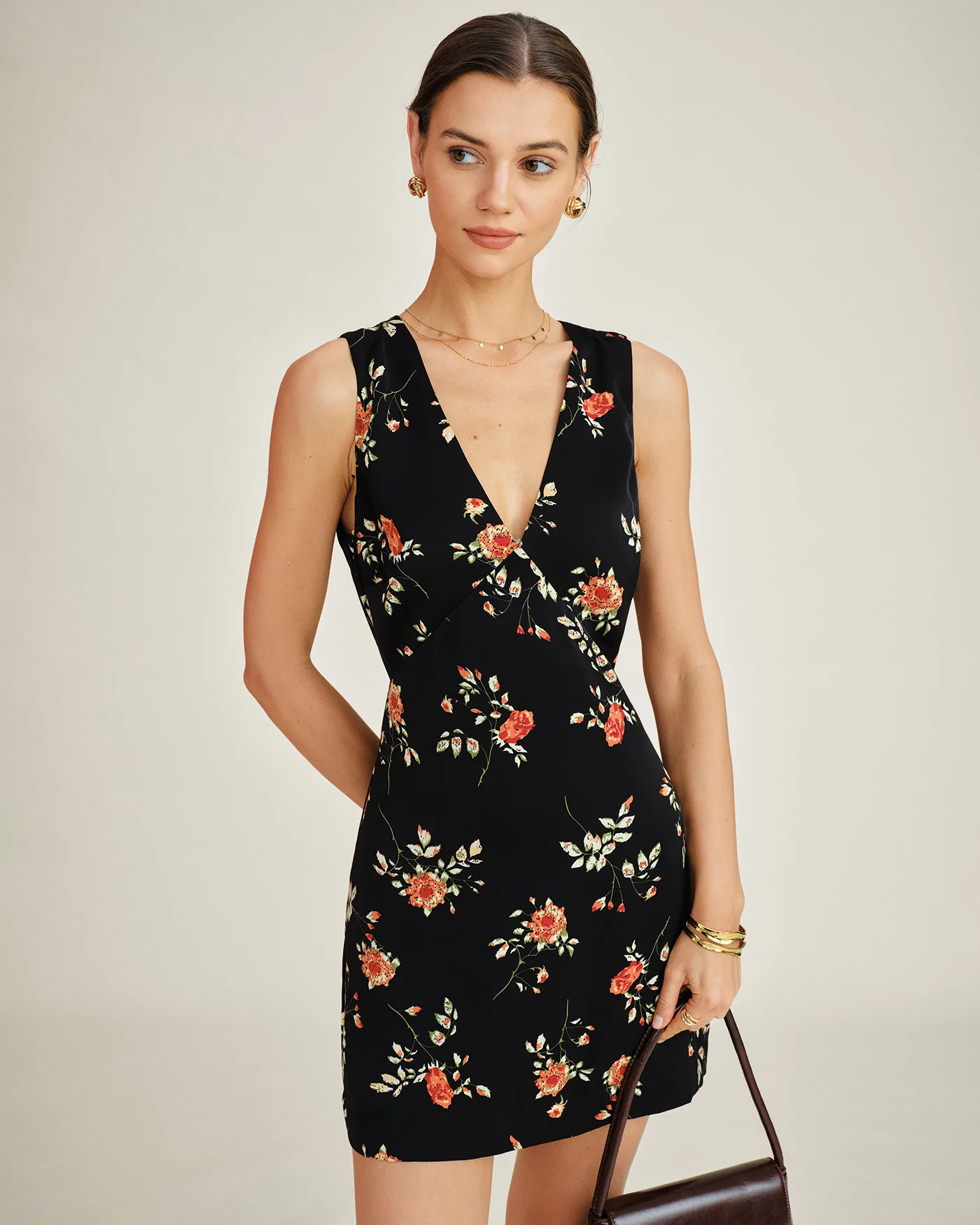 Black V Neck Floral A-Line Mini Dress - Image 4