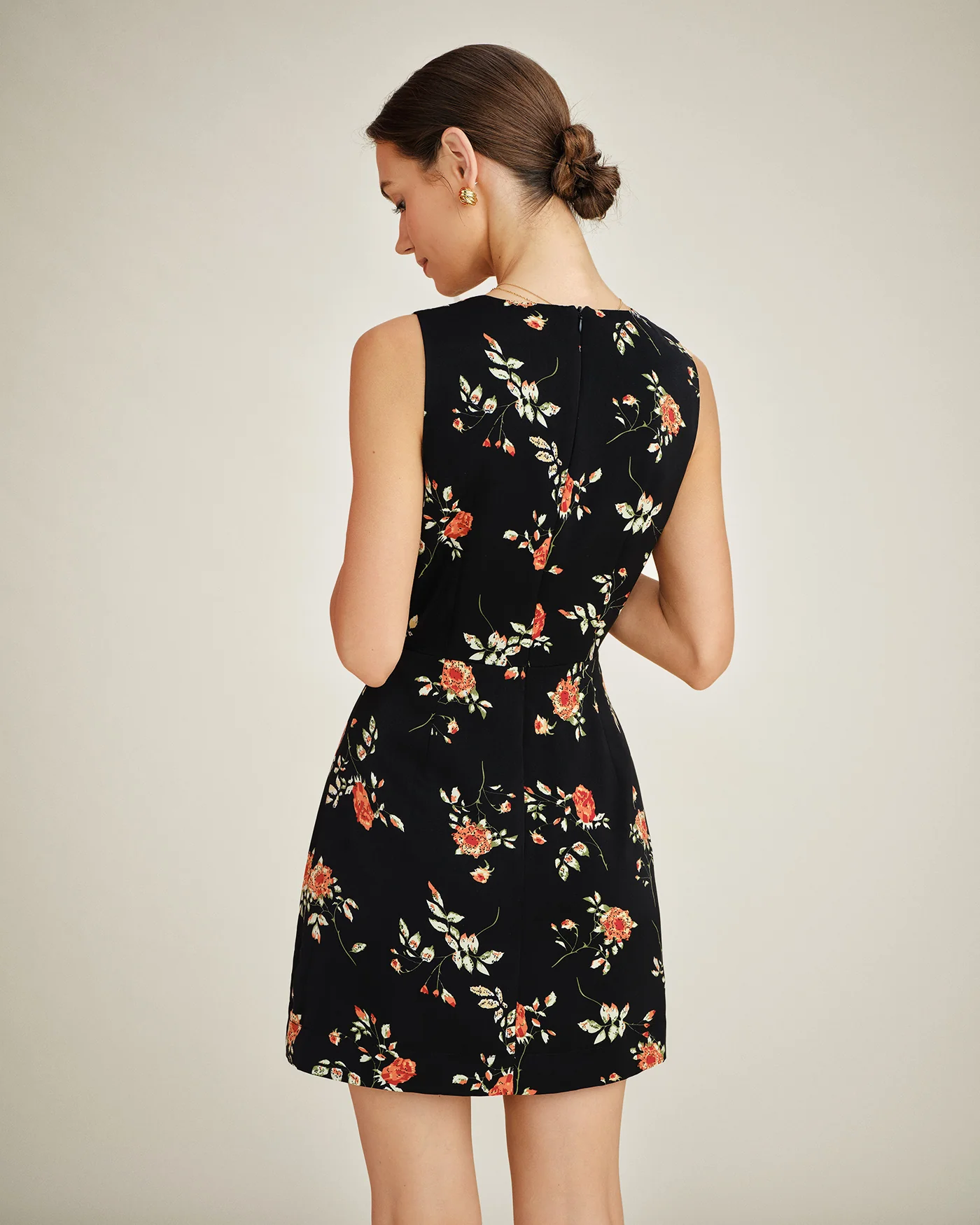 Black V Neck Floral A-Line Mini Dress - Image 7