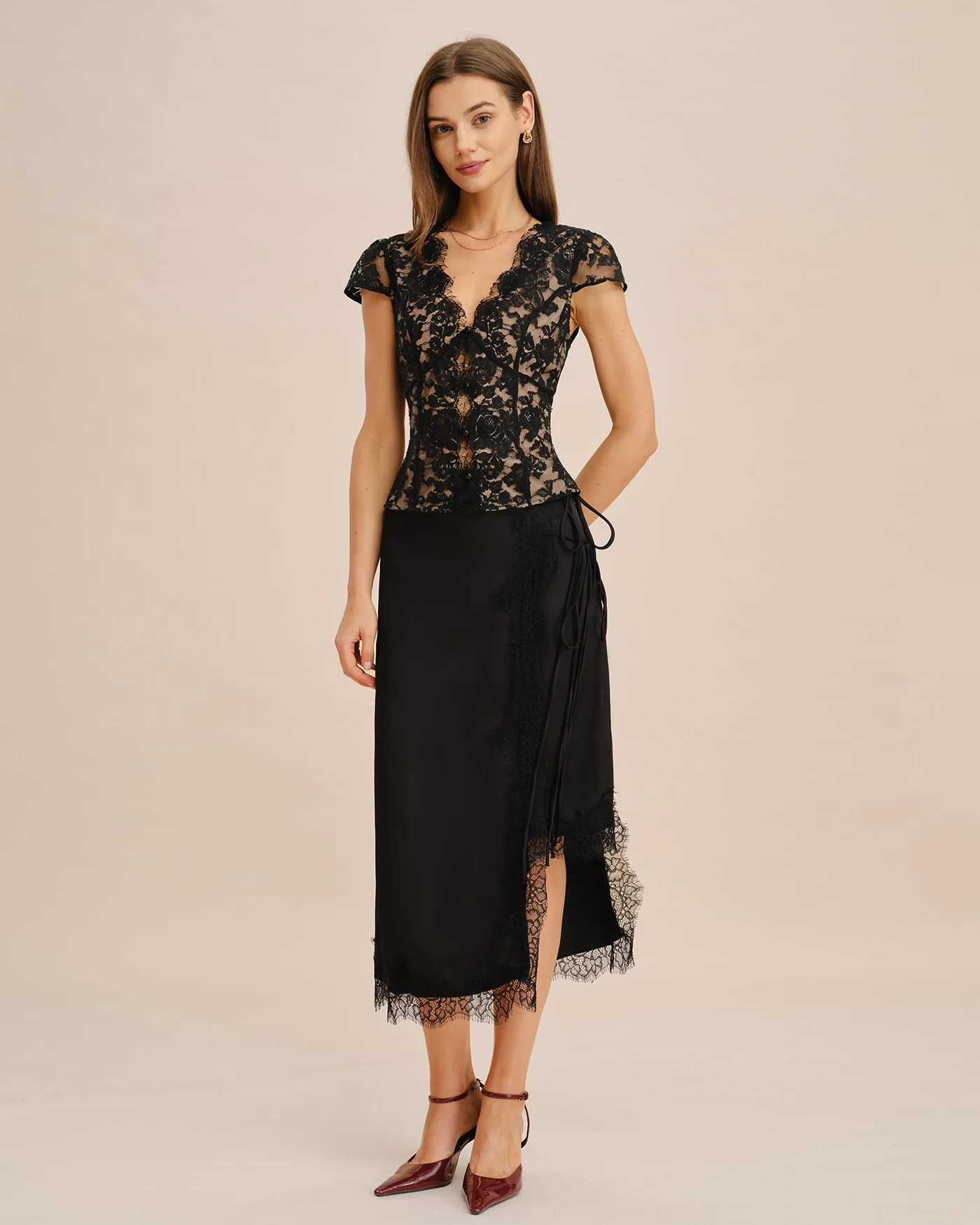 Black V Neck Lace Button Blouse - Image 2