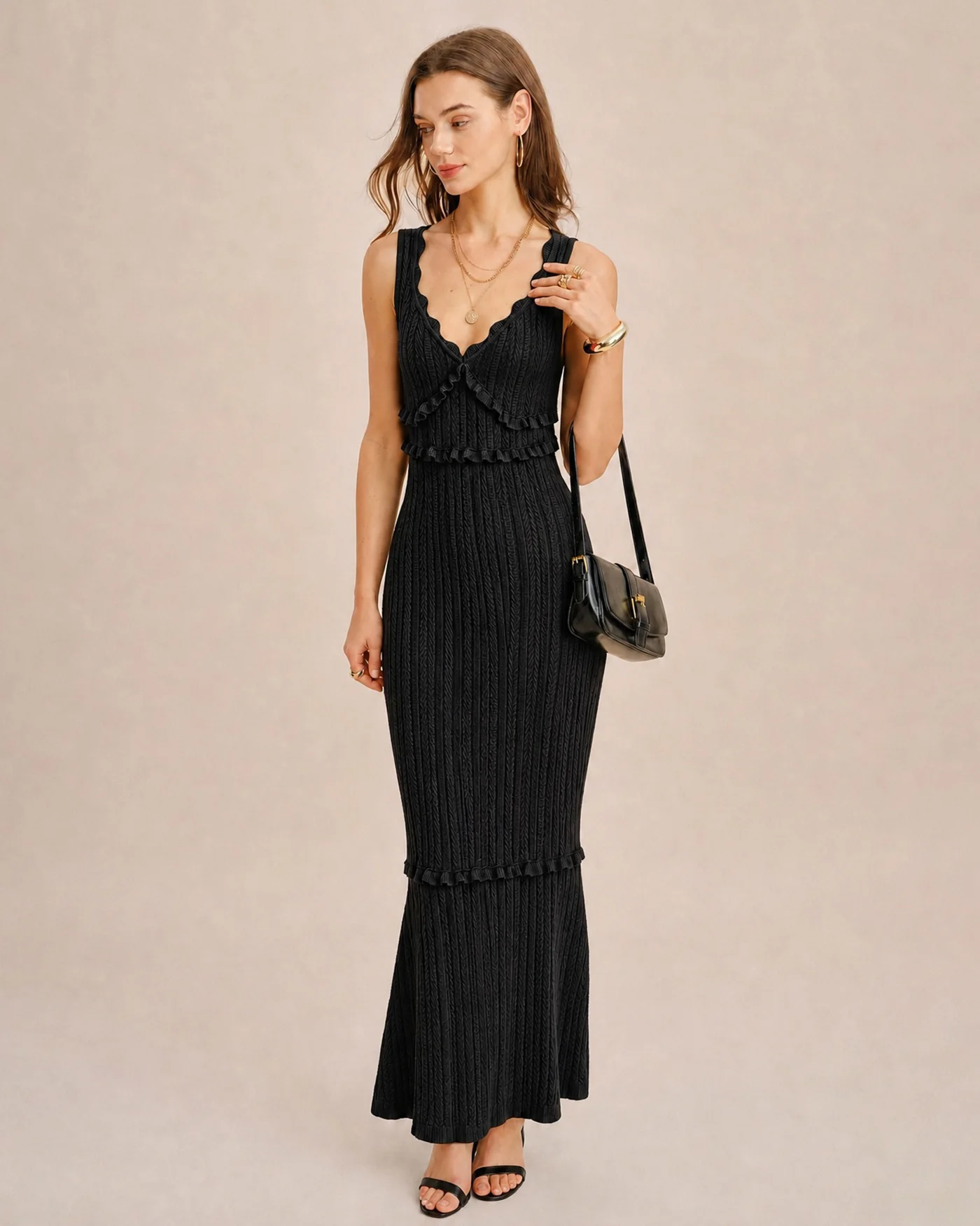 Black V Neck Mermaid Sweater Maxi Dress - Image 6