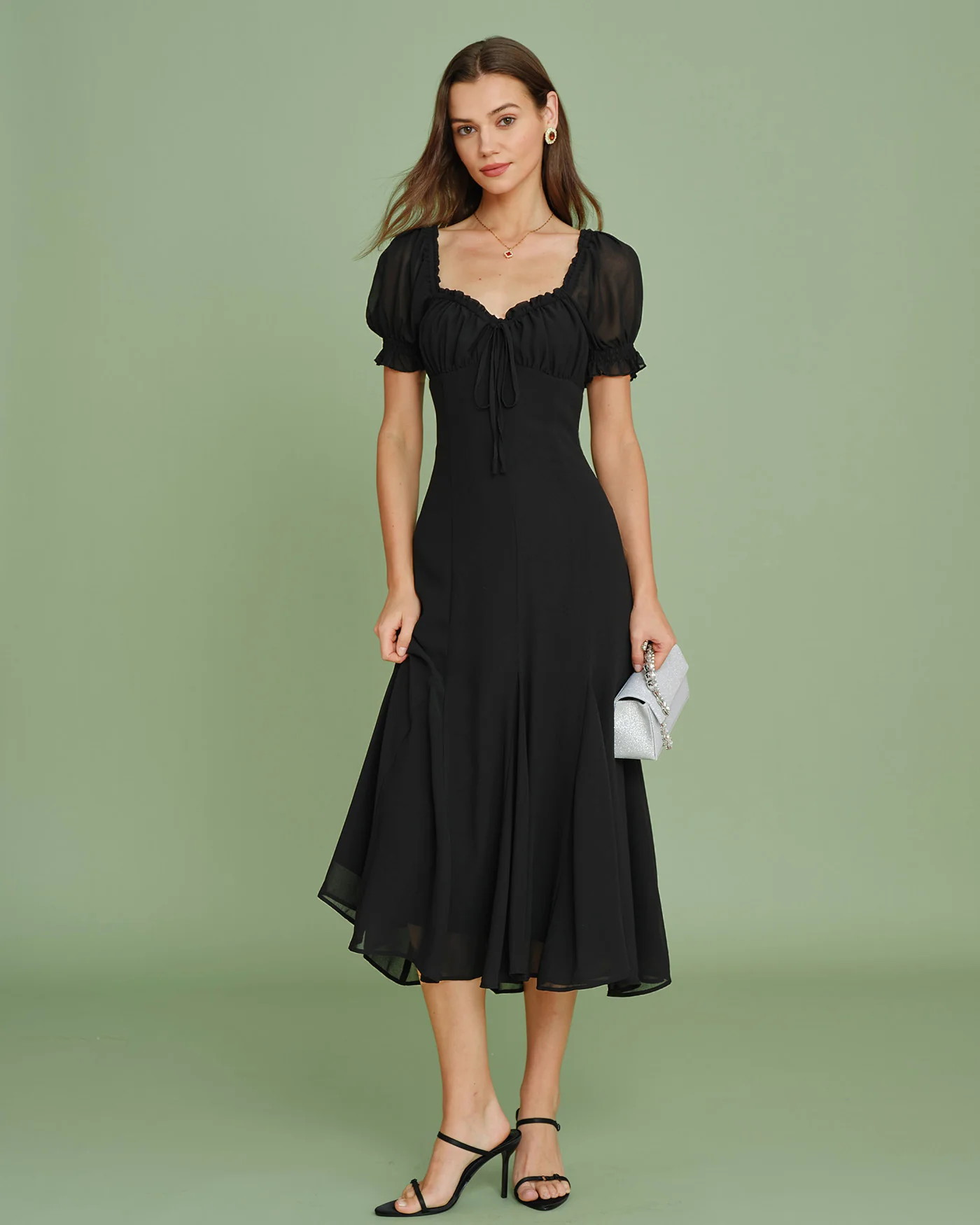 Black V Neck Puffed Sleeve Midi Dress