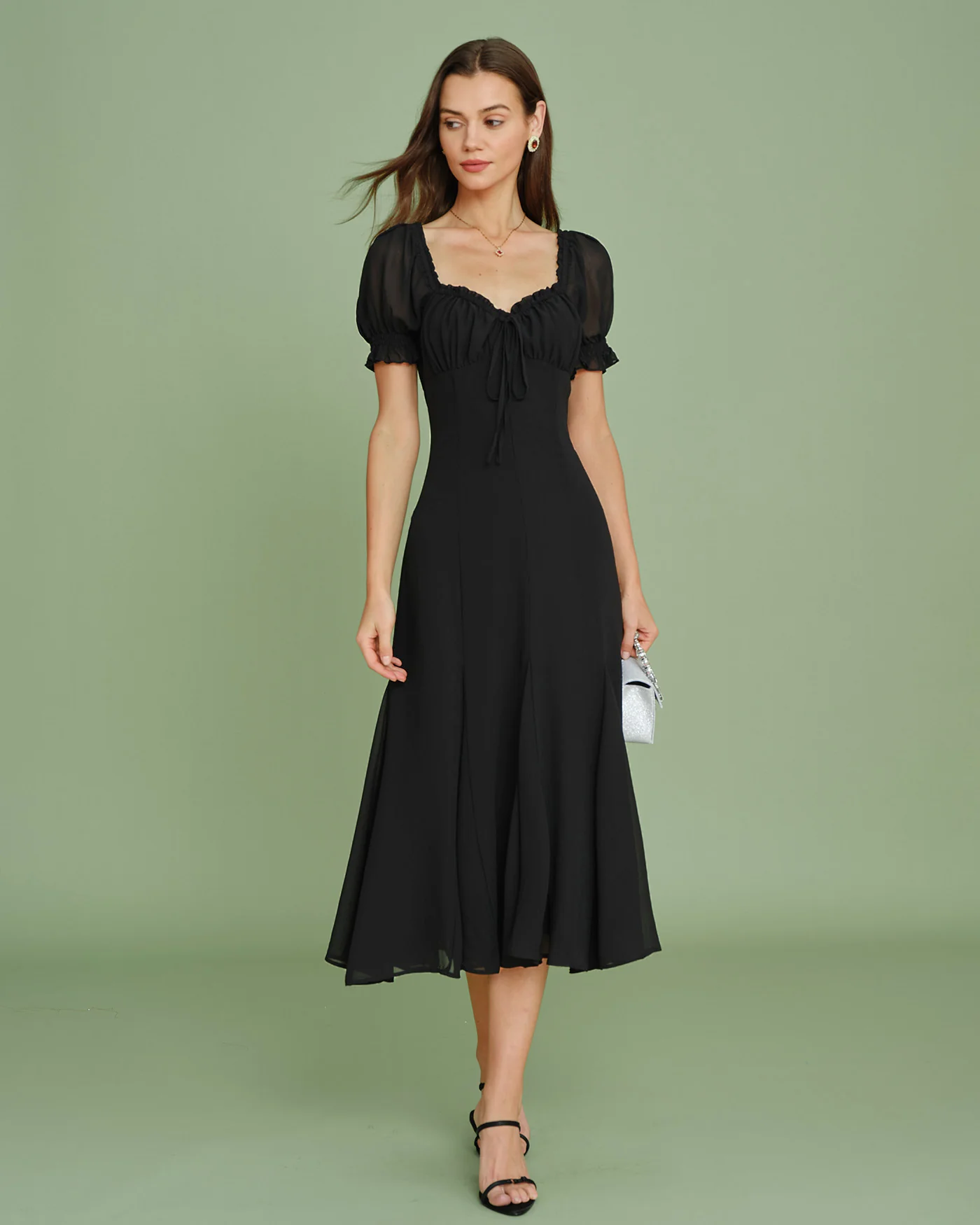 Black V Neck Puffed Sleeve Midi Dress - Image 6