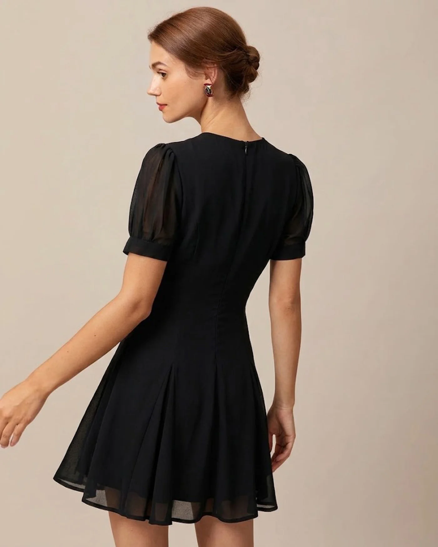 Black V Neck Puffed Sleeve Mini Dress - Image 4