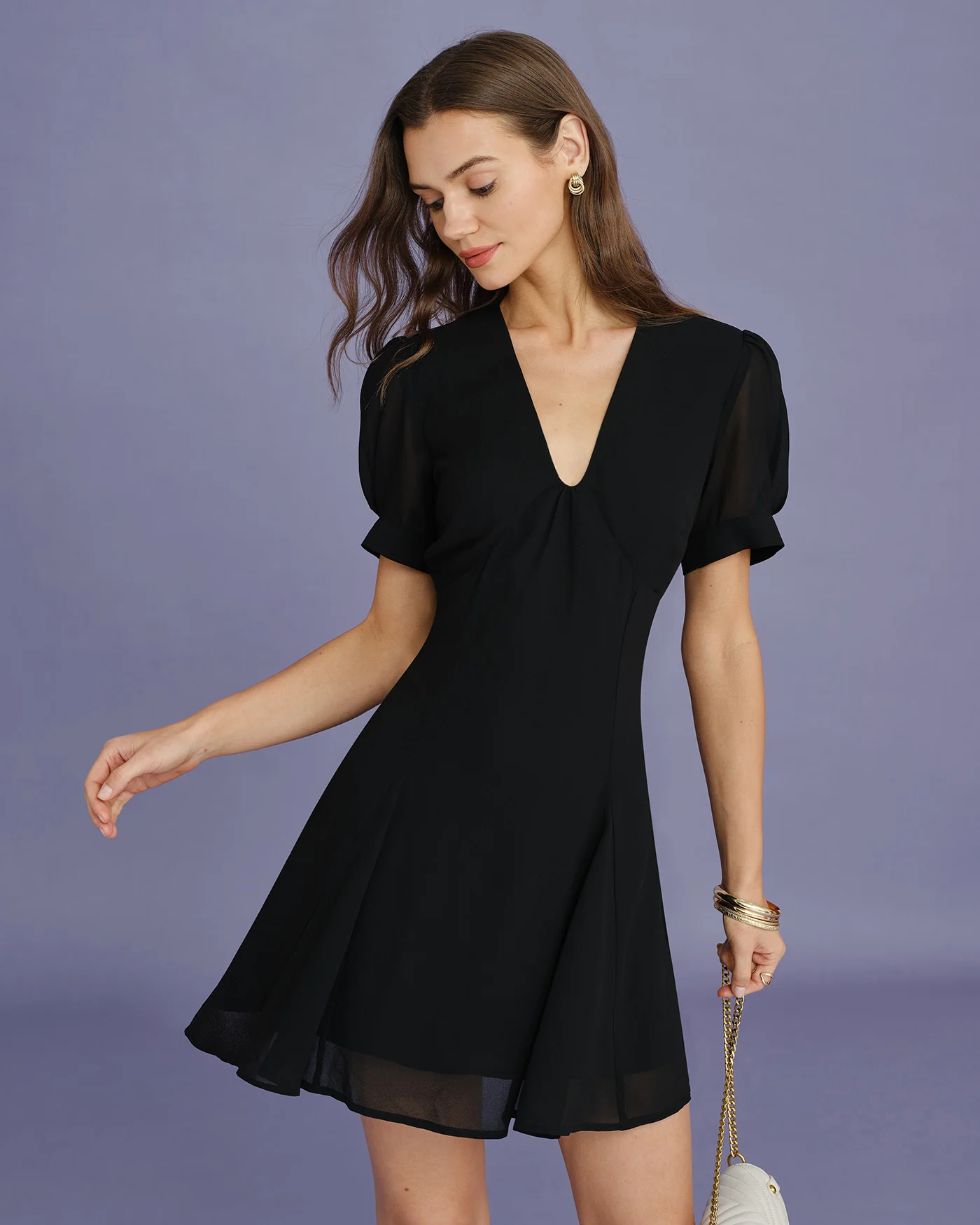 Black V Neck Puffed Sleeve Mini Dress - Image 7