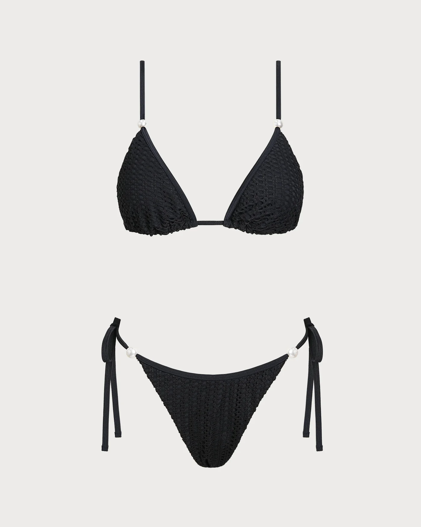Black V Neck Textured Drawstring Bikini Set - Image 2