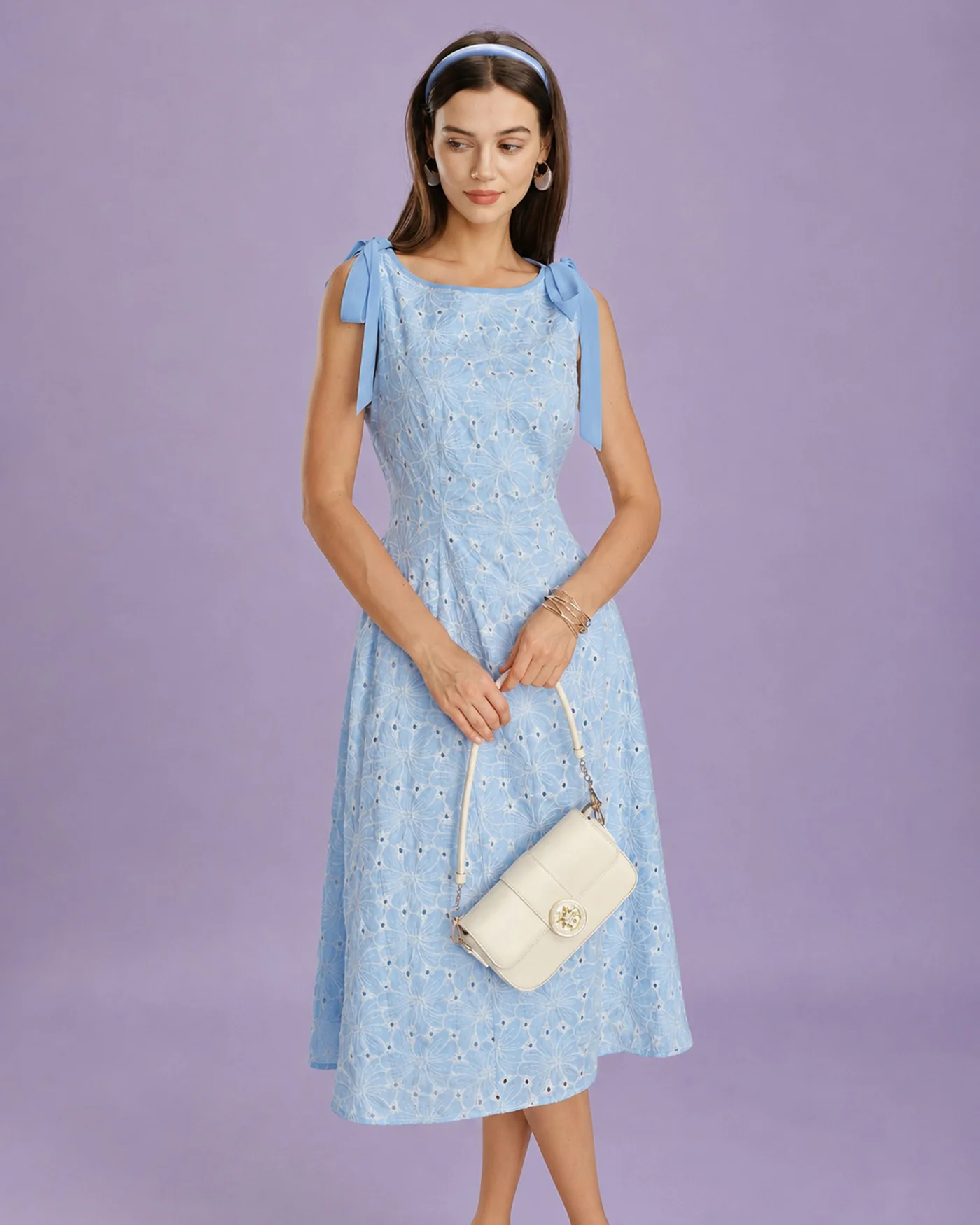Blue Boat Neck Embroidery Midi Dress - Image 3