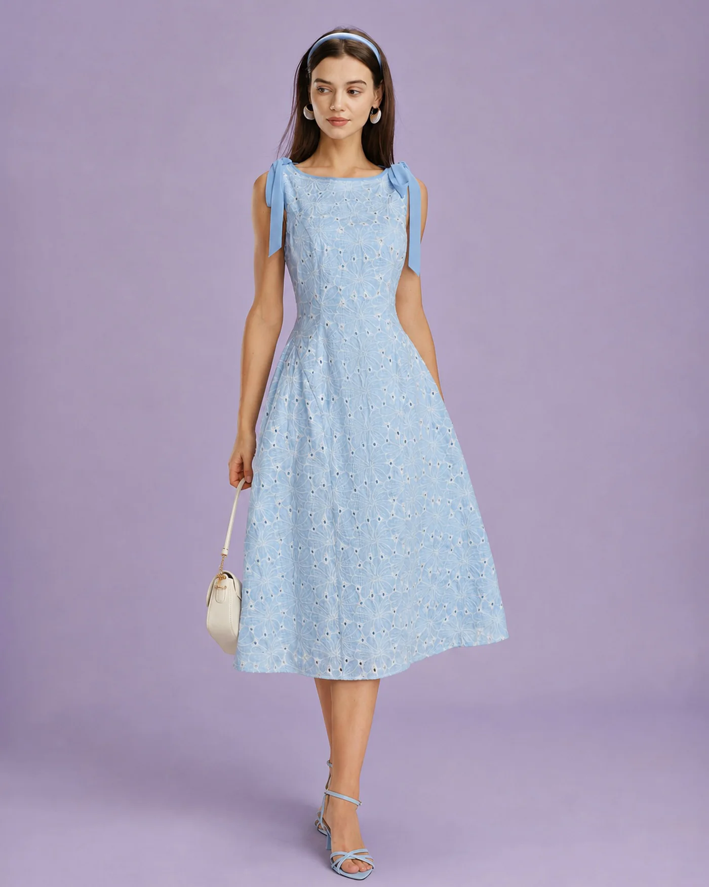 Blue Boat Neck Embroidery Midi Dress - Image 5