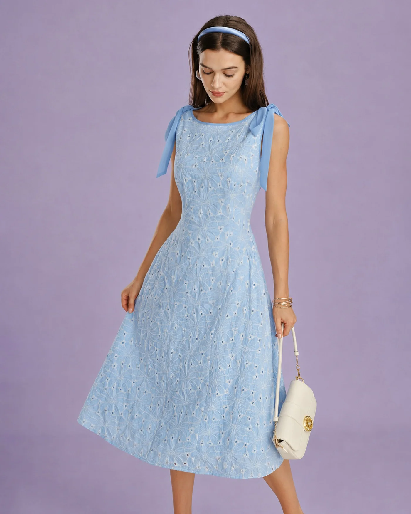 Blue Boat Neck Embroidery Midi Dress - Image 6