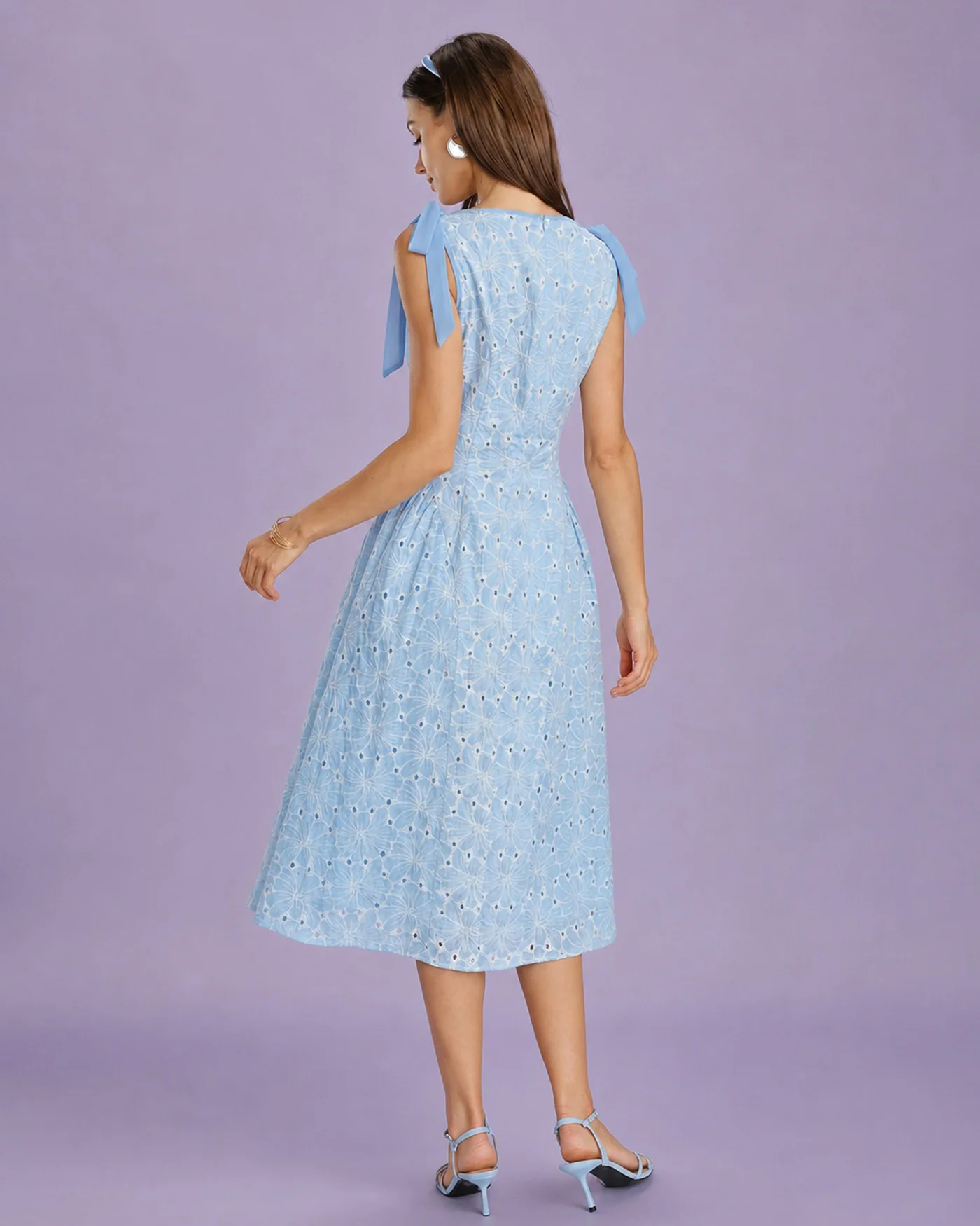 Blue Boat Neck Embroidery Midi Dress - Image 7