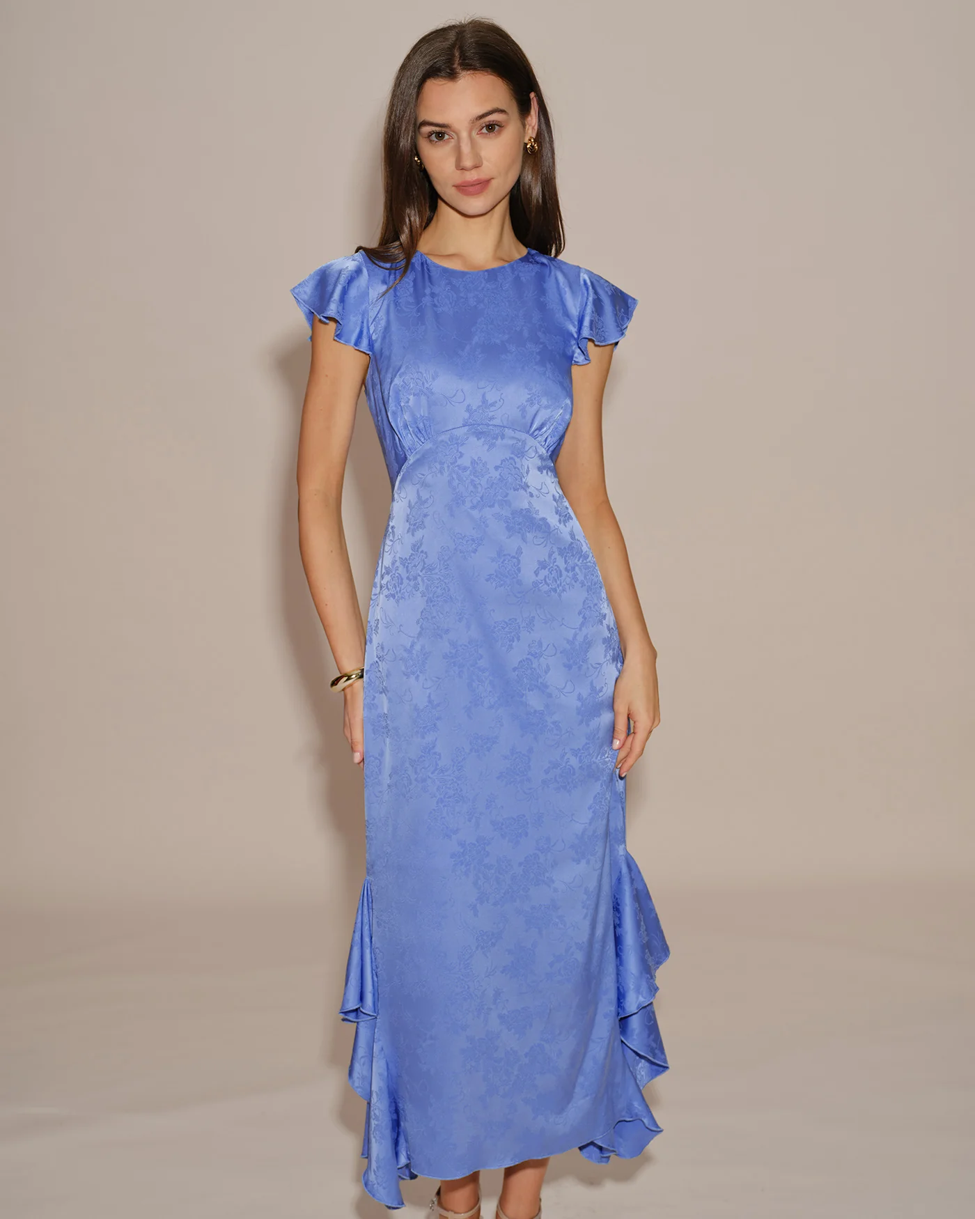 Blue Boat Neck Jacquard Ruffle Midi Dress - Image 2