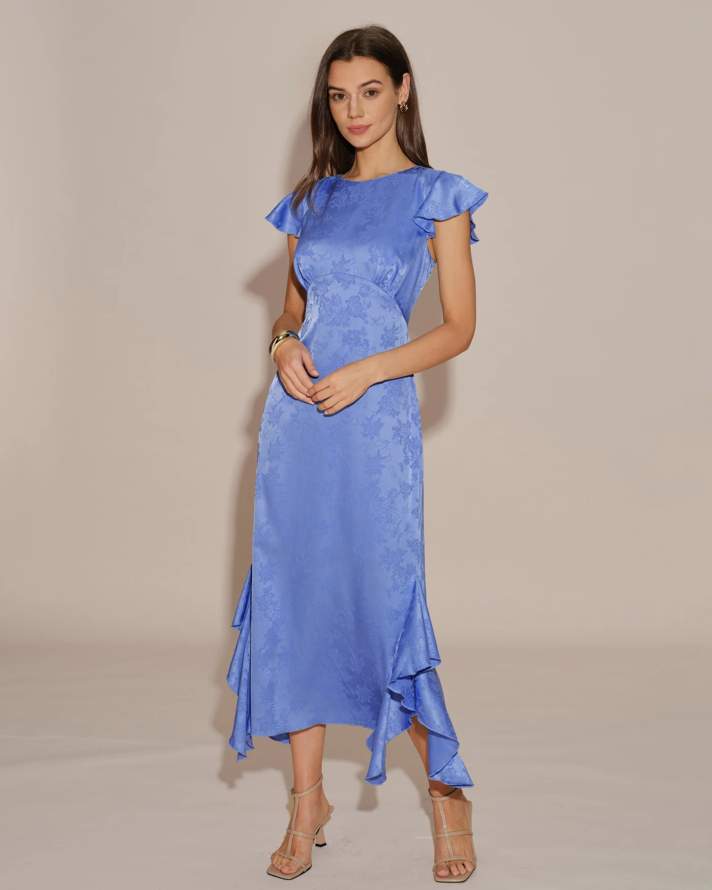 Blue Boat Neck Jacquard Ruffle Midi Dress - Image 3