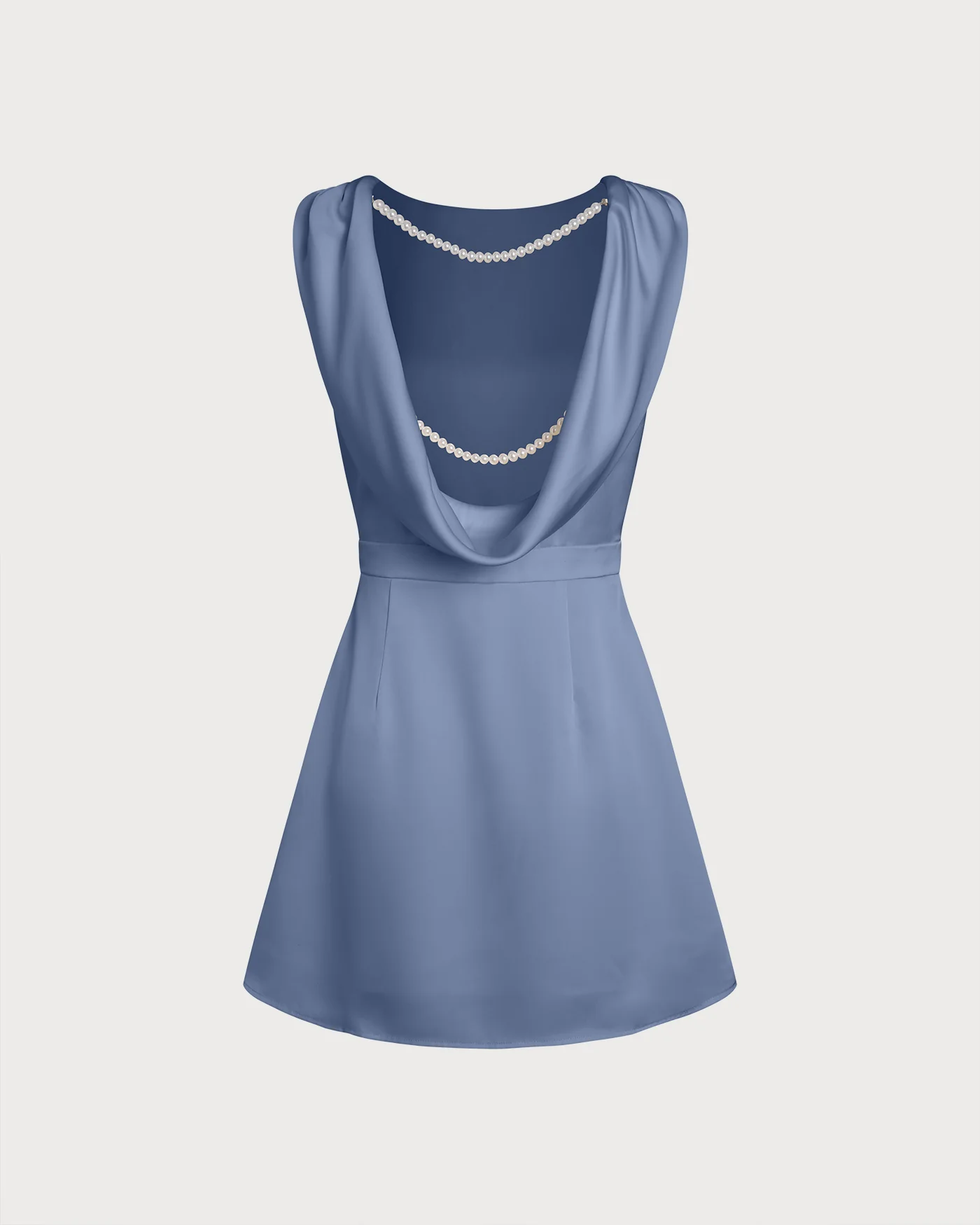 Blue Boat Neck Pearl Satin Mini Dress - Image 7