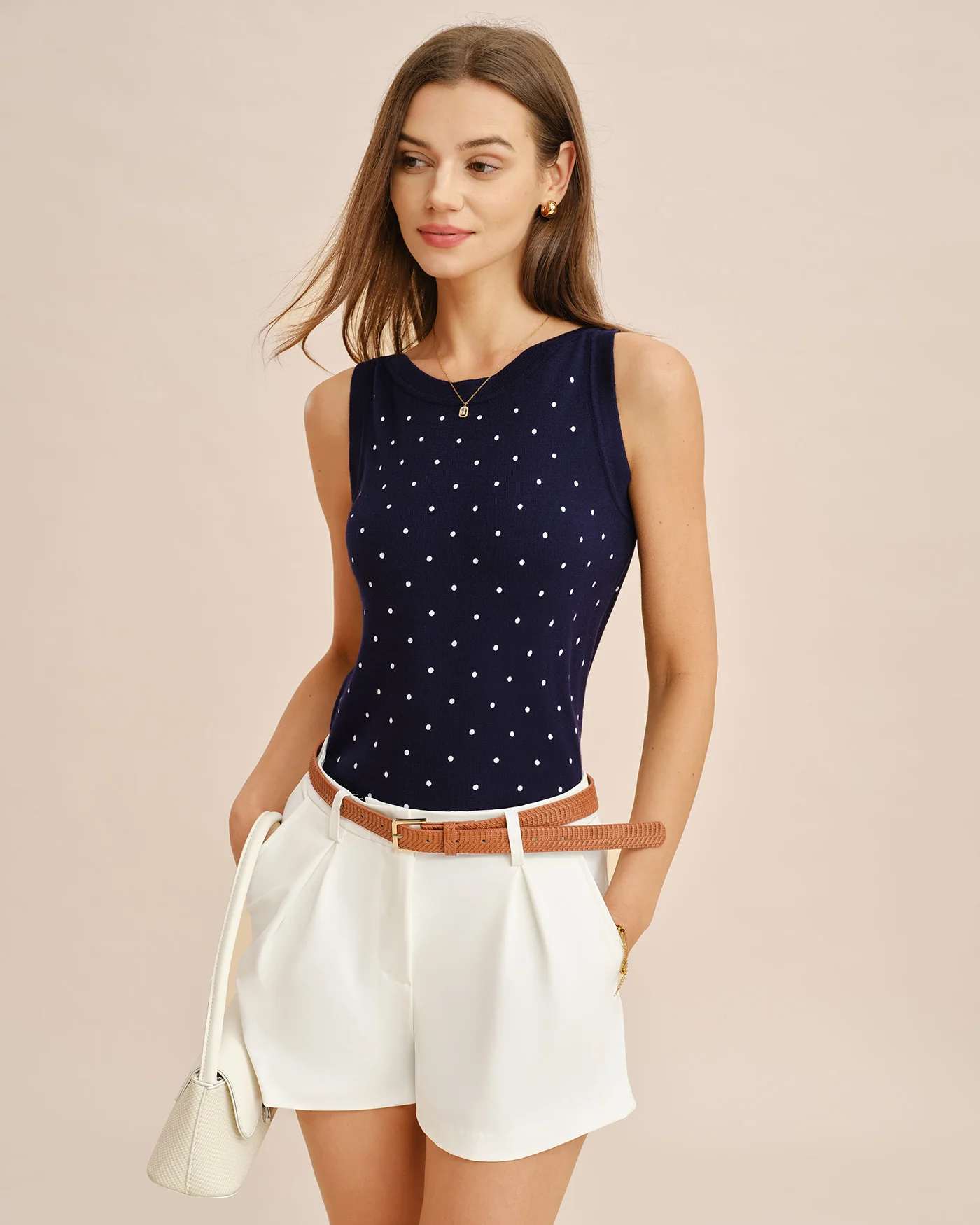 Blue Boat Neck Polka Dot Tank Top