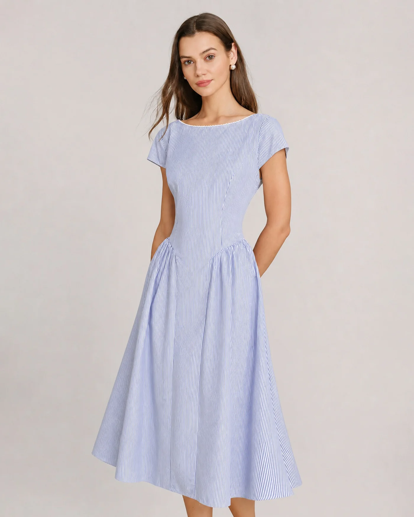 Blue Boat Neck Shirred Midi Dress